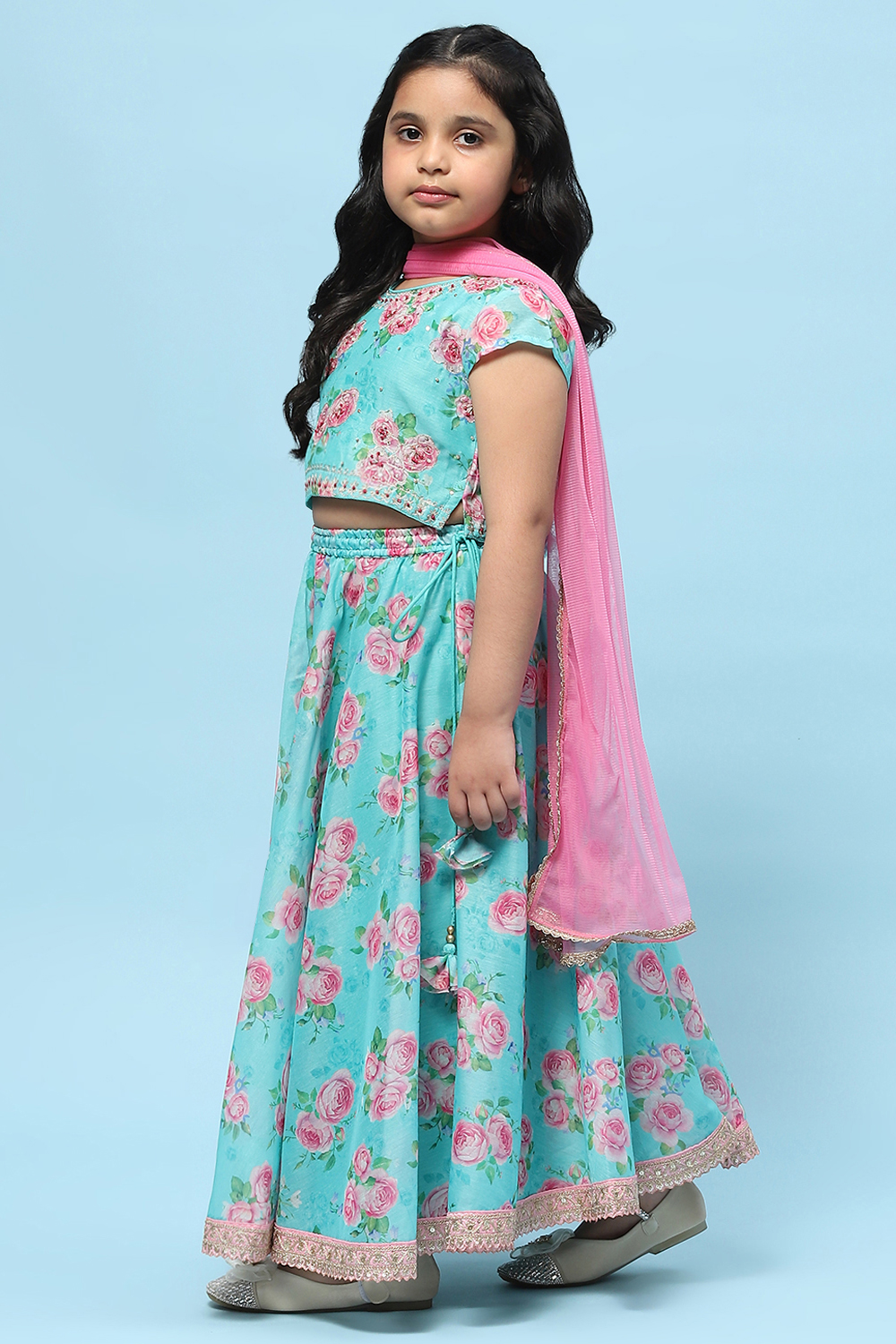 Blue Poly Chanderi Floral Printed Flared Lehenga Set image number 4