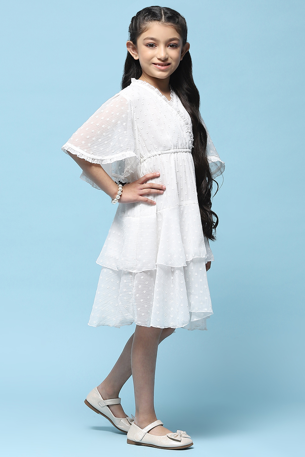 White Chiffon Dobby Tiered Dress image number 4