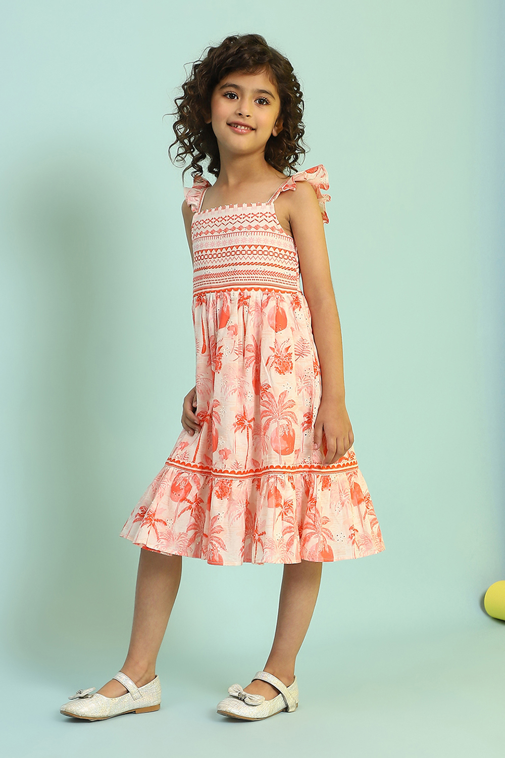 White and Orange Cotton Schiffli Tiered Dress image number 2