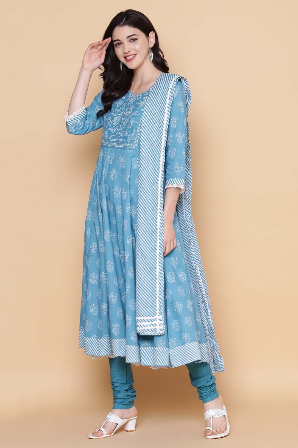 Coral Cotton Anarkali Kurta Churidar Suit Set image number 6