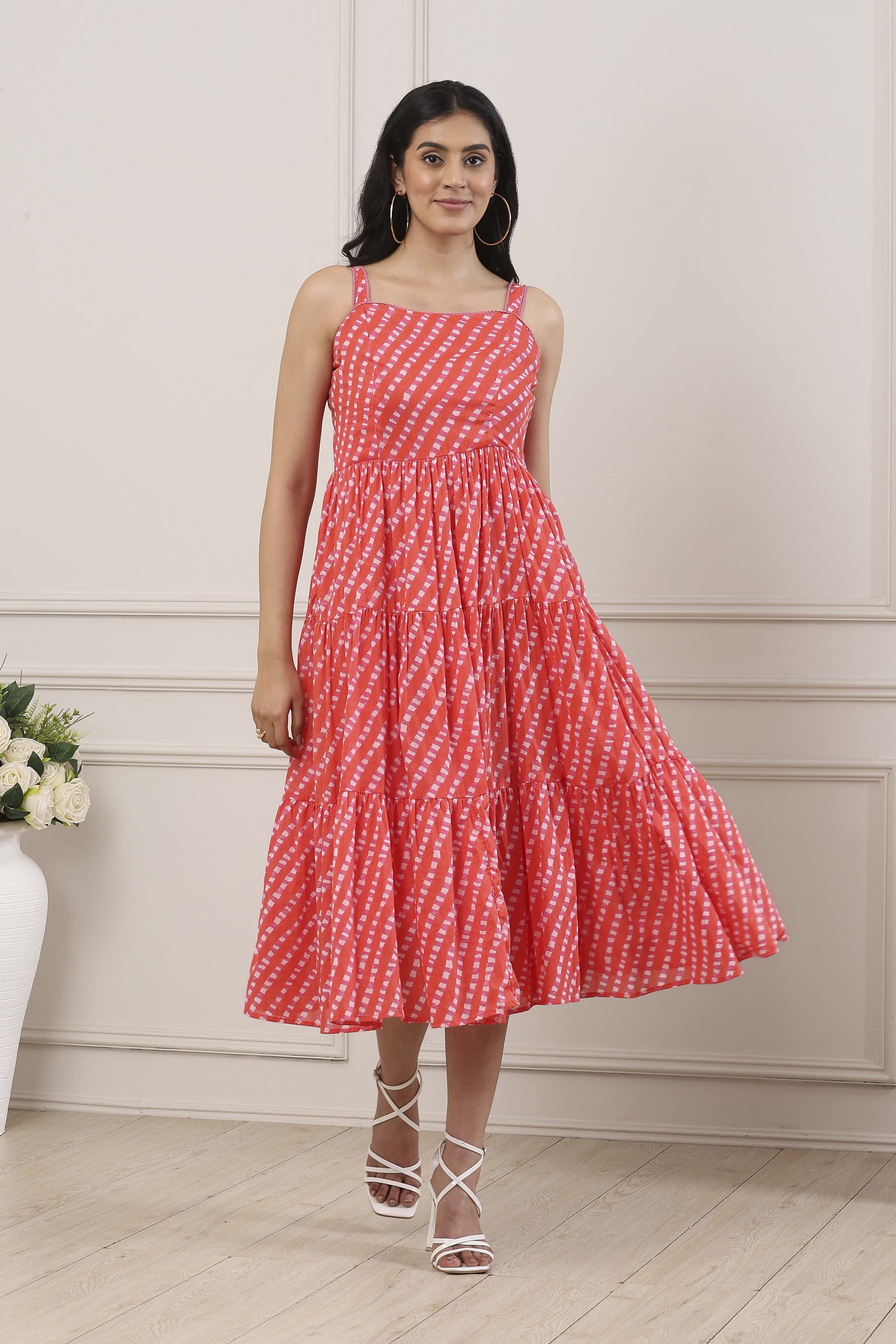 Orange Cotton Geometric Striped Tiered Midi Dress image number 5