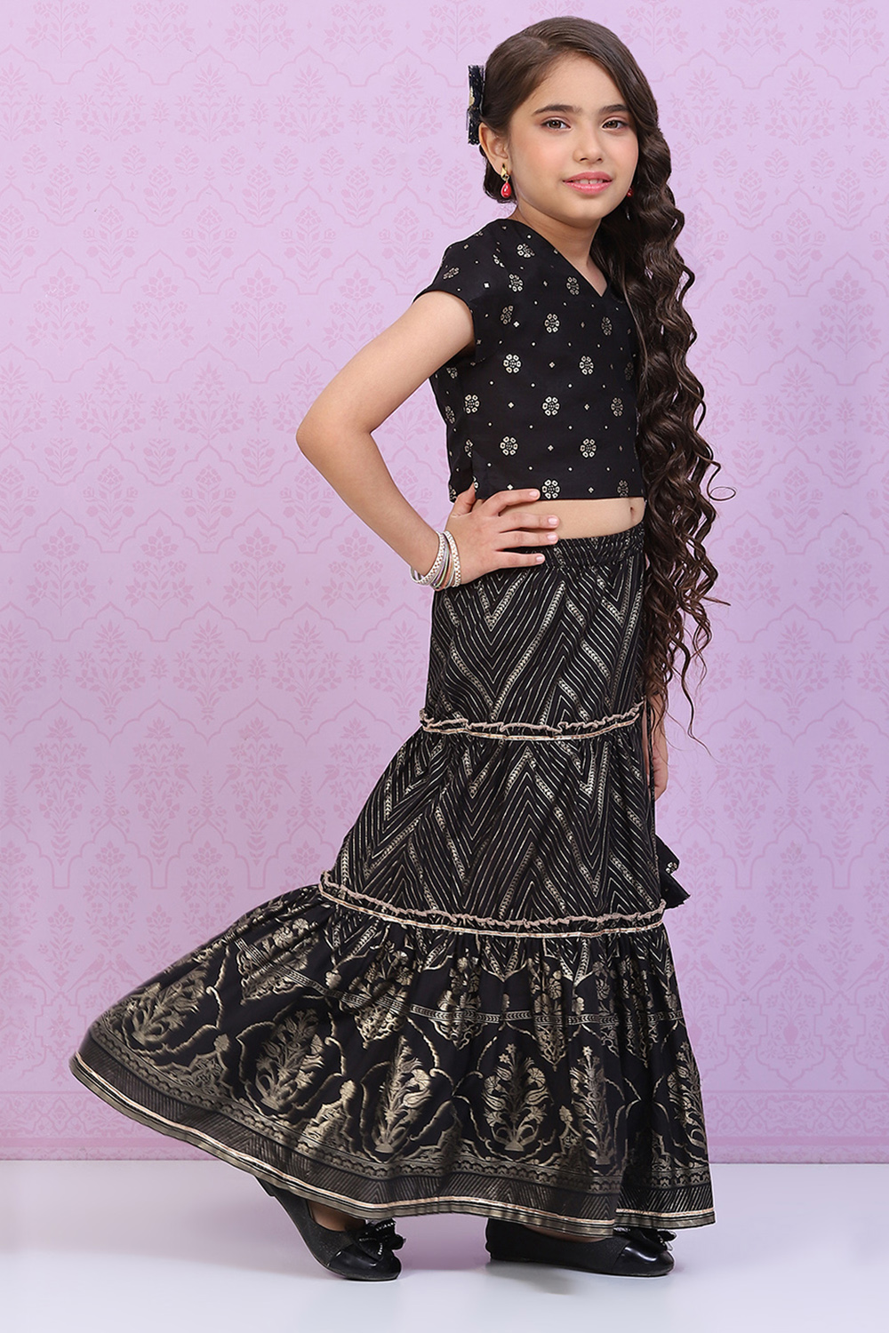 Red Art Silk Printed Short Top Lehenga Set image number 5