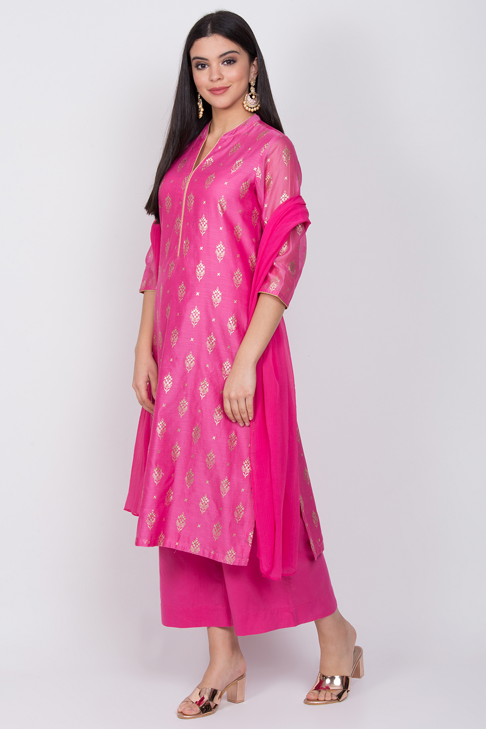 Pink Poly Cotton Straight Kurta Palazzo Suit Set image number 0
