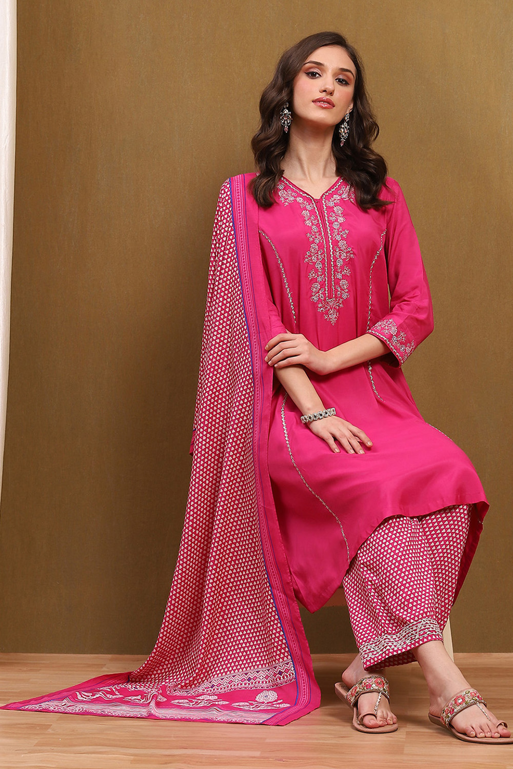 Green Modal Embroidered Festive Kalidar Suit Set image number 0