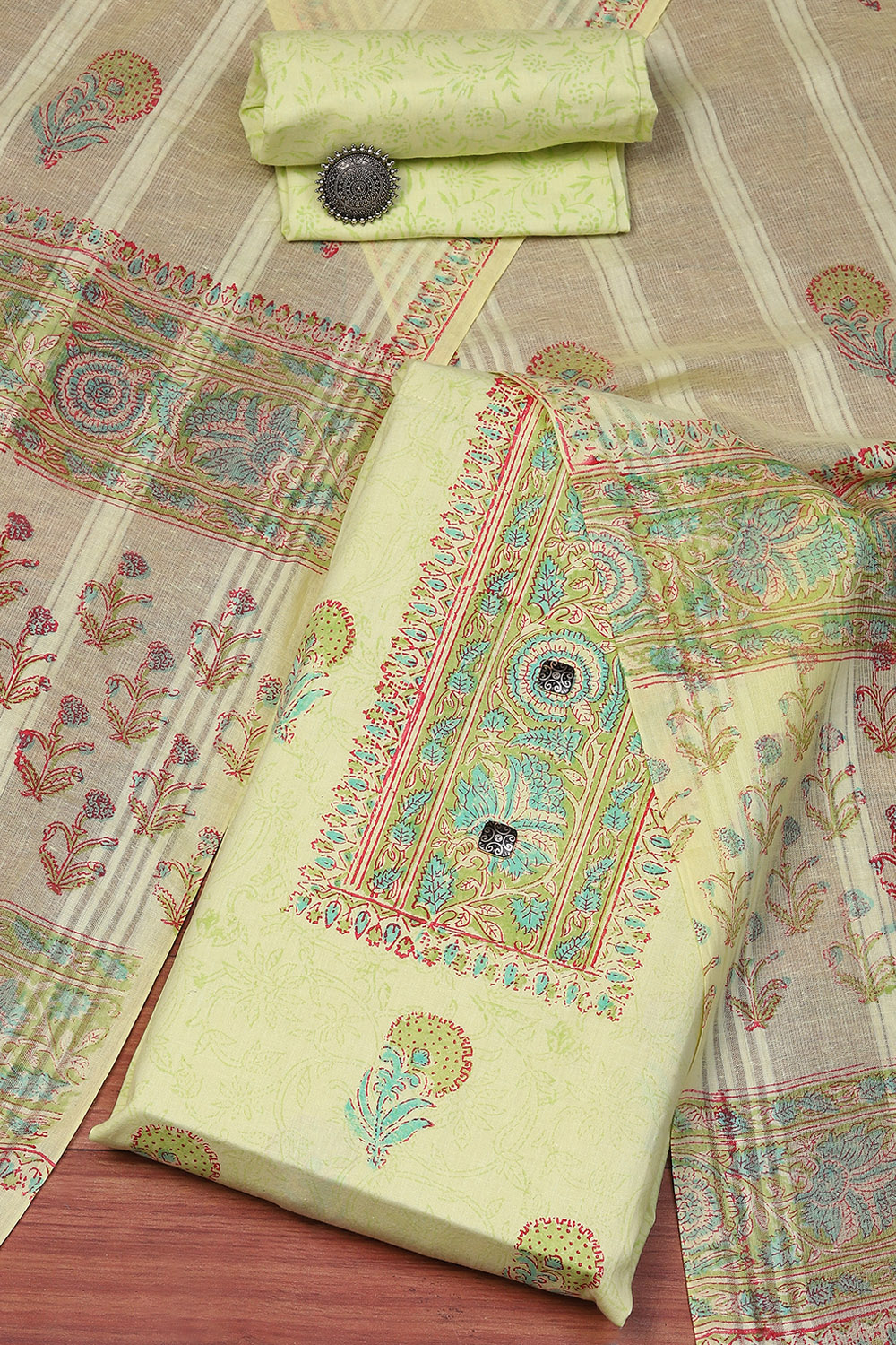 Green Cotton Hand Block Print Unstitched Suit Set image number 0