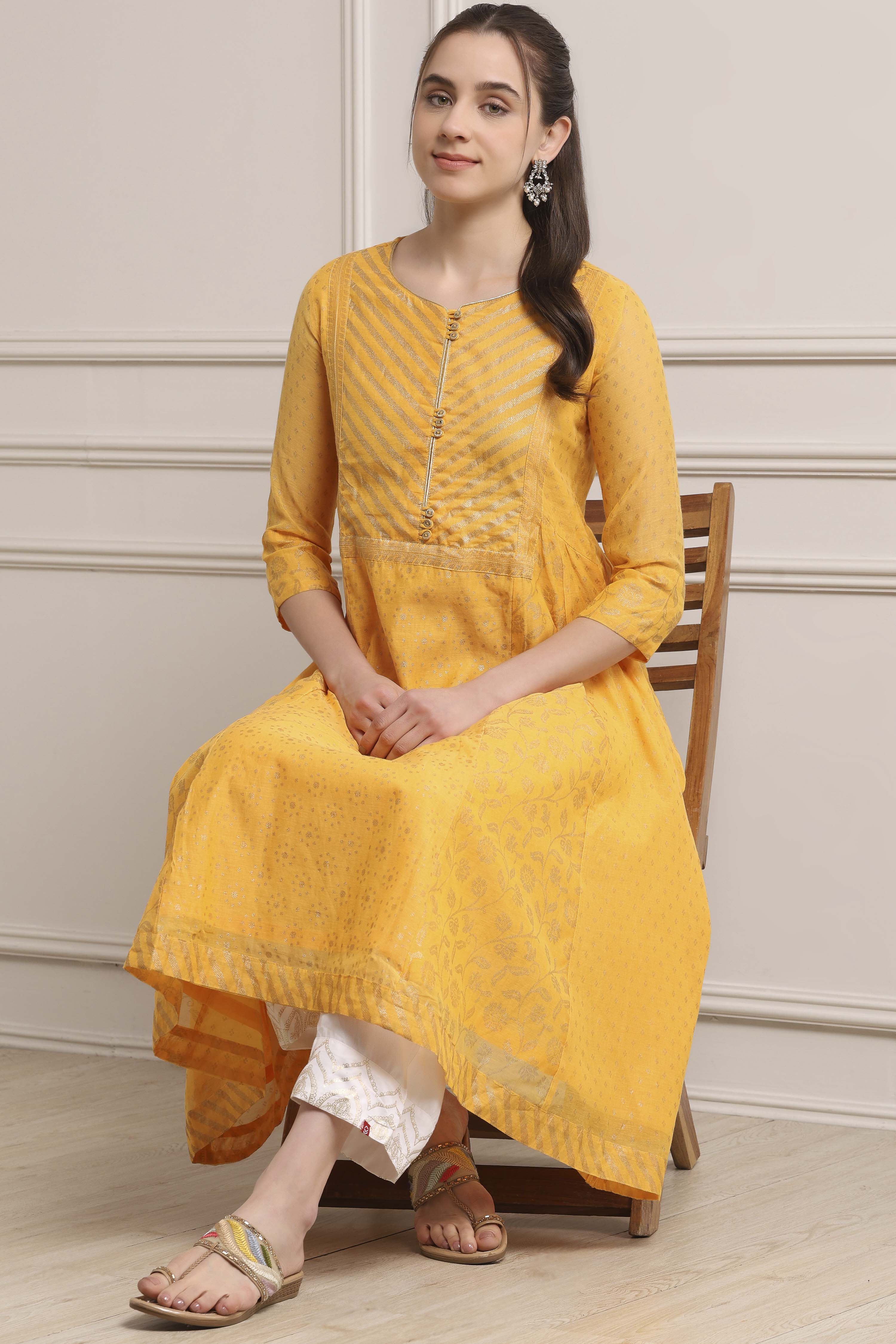 Yellow Polyester Flared Kurta Pants Set image number 0
