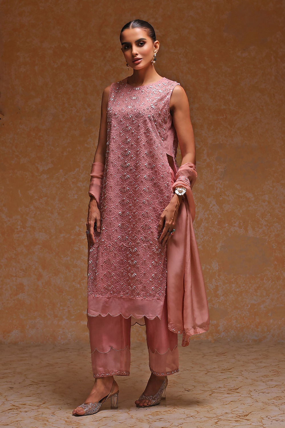 Rose Peach-Toned Poly Net Beaded Embroidered Straight Suit Set image number 3