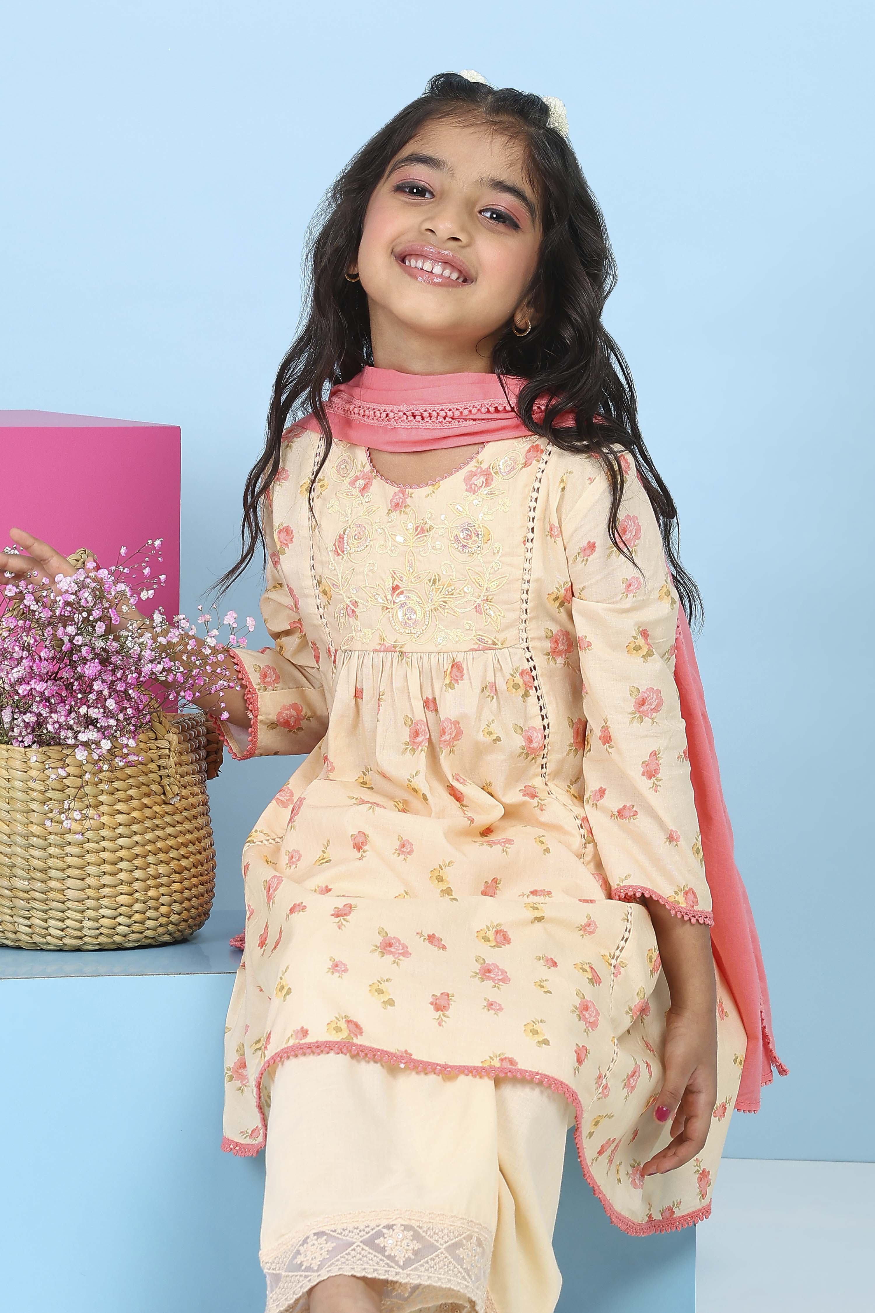 Peach Cotton Floral Printed A-Line Suit Set image number 7
