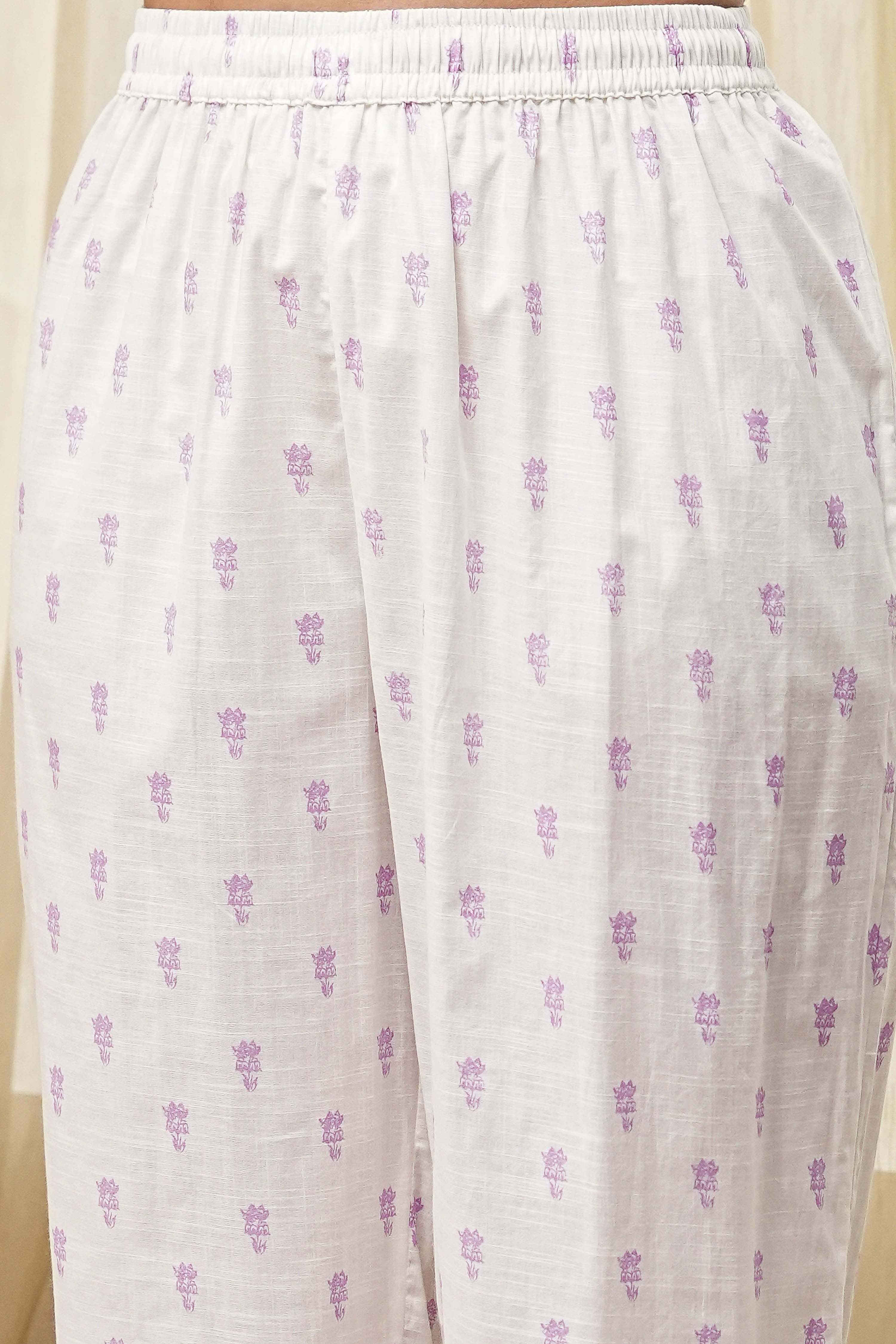 White and Pink Cotton Printed Straight Suit Set image number 2
