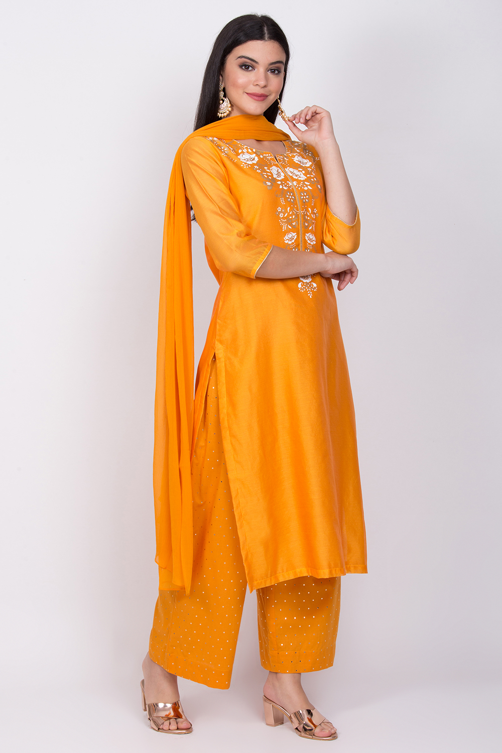 Blue Poly Cotton Straight Kurta Palazzo Suit Set image number 3
