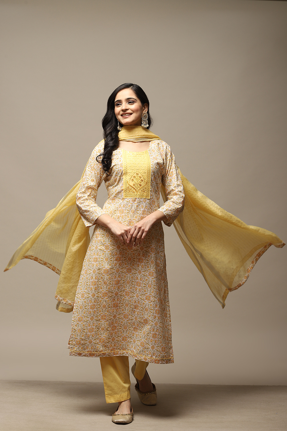 Yellow Cotton Handloom Unstitched Suit Set image number 1