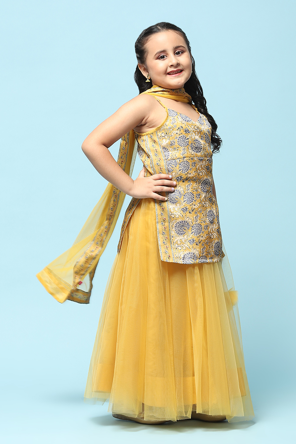 Yellow Poly Viscose Straight Printed Suit Set image number 6