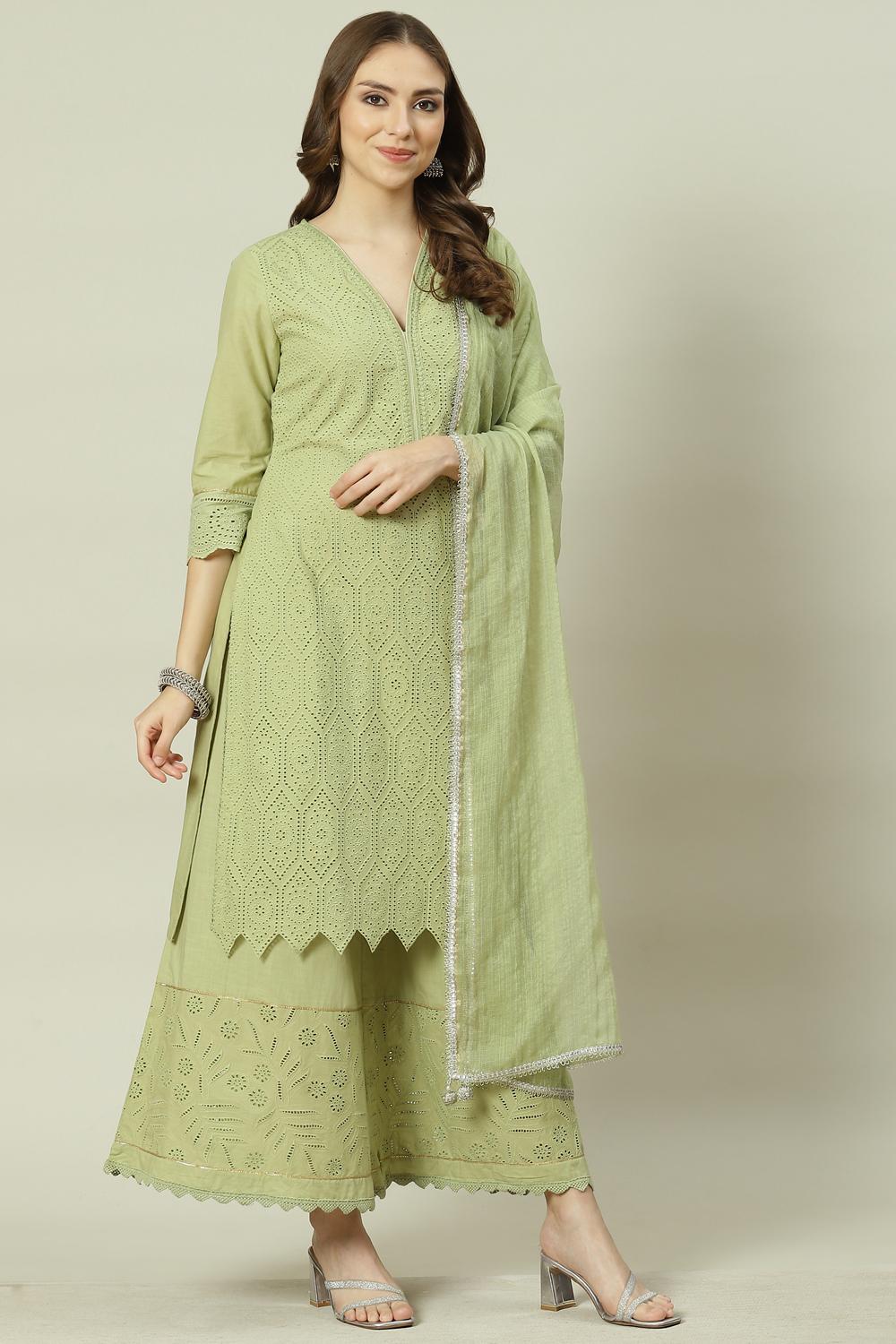 Soft Green Straight Kurta Palazzo Suit Set image number 6