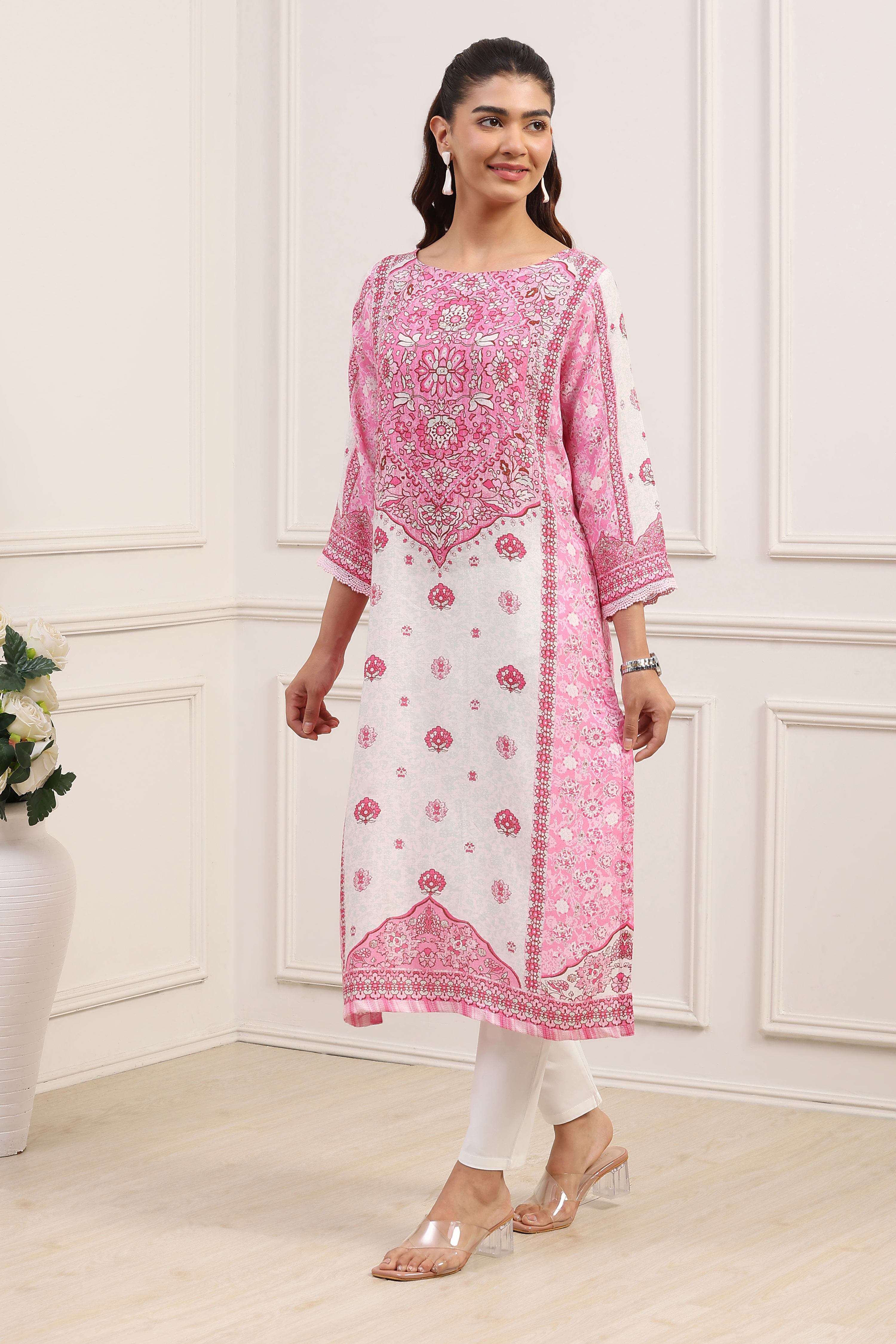 Pink Viscose Rayon Printed Straight Kurta image number 2