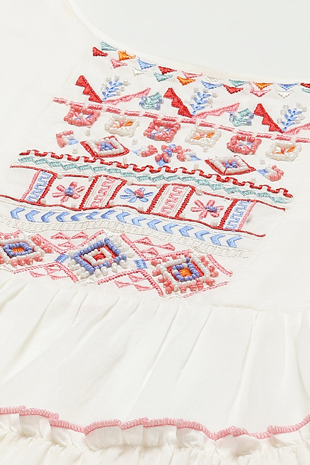 Off White Cotton Tiered Kurta Churidar Suit Set image number 1