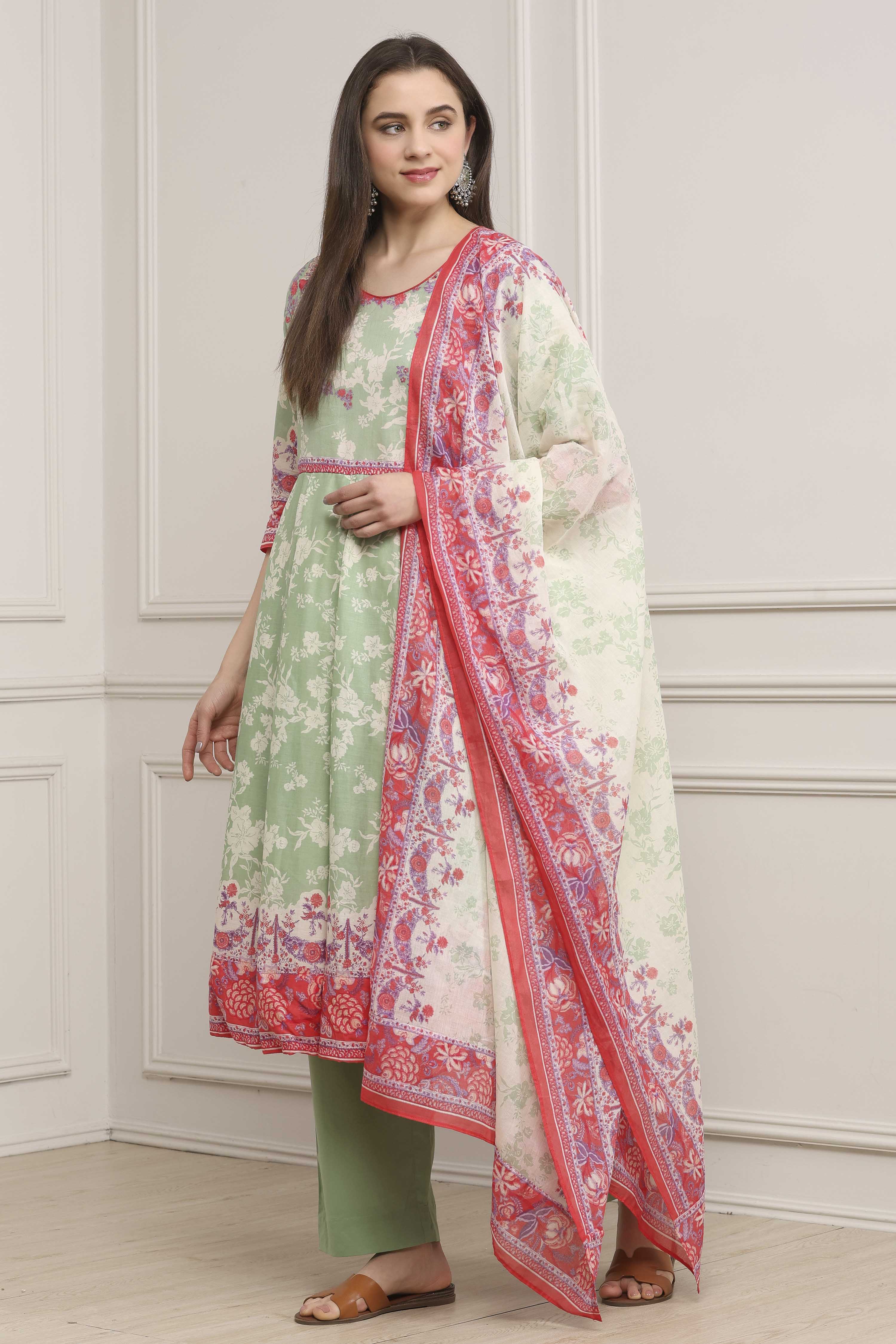 Grey Cotton Printed Anarkali Suit Set image number 3