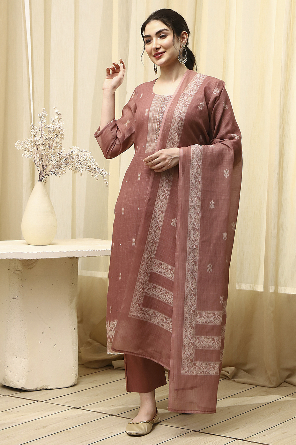 Coral Cotton Printed Embroidered Unstitched Suit Set image number 1