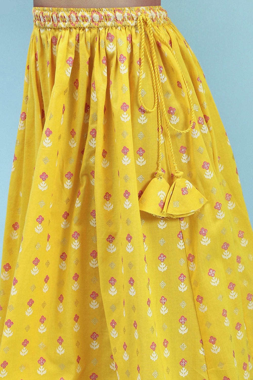 Yellow Cotton Printed Flared Lehenga Set image number 2