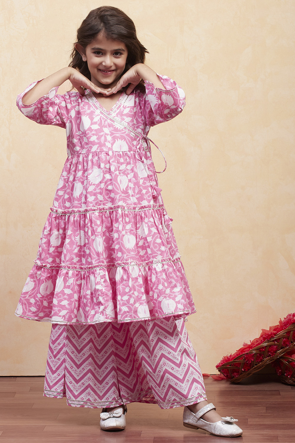 Pink Cotton Angrakha Tiered Kurta Set image number 6