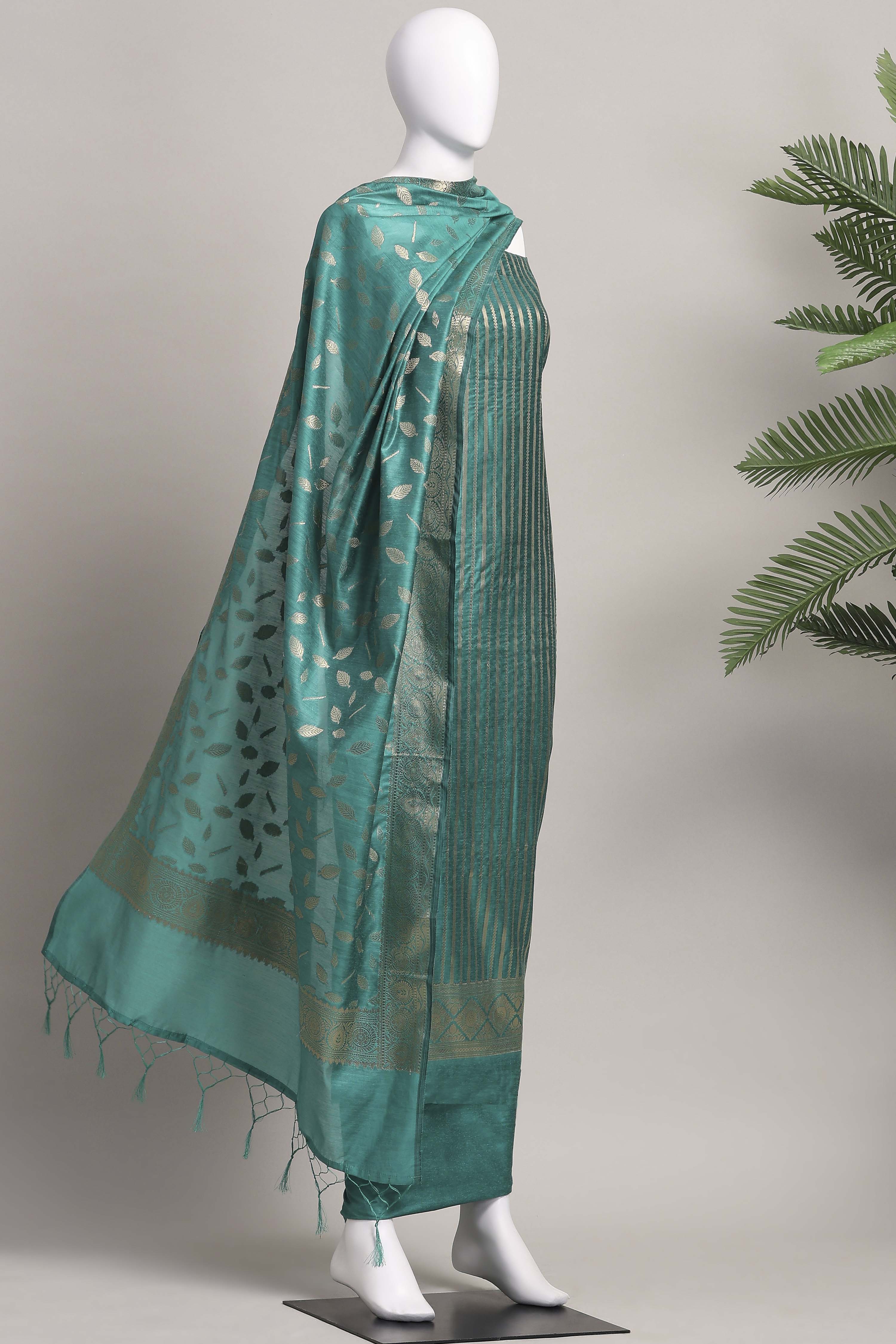 Mustard Banarasi Chanderi Banarasi Print Unstitched Suit Set image number 4