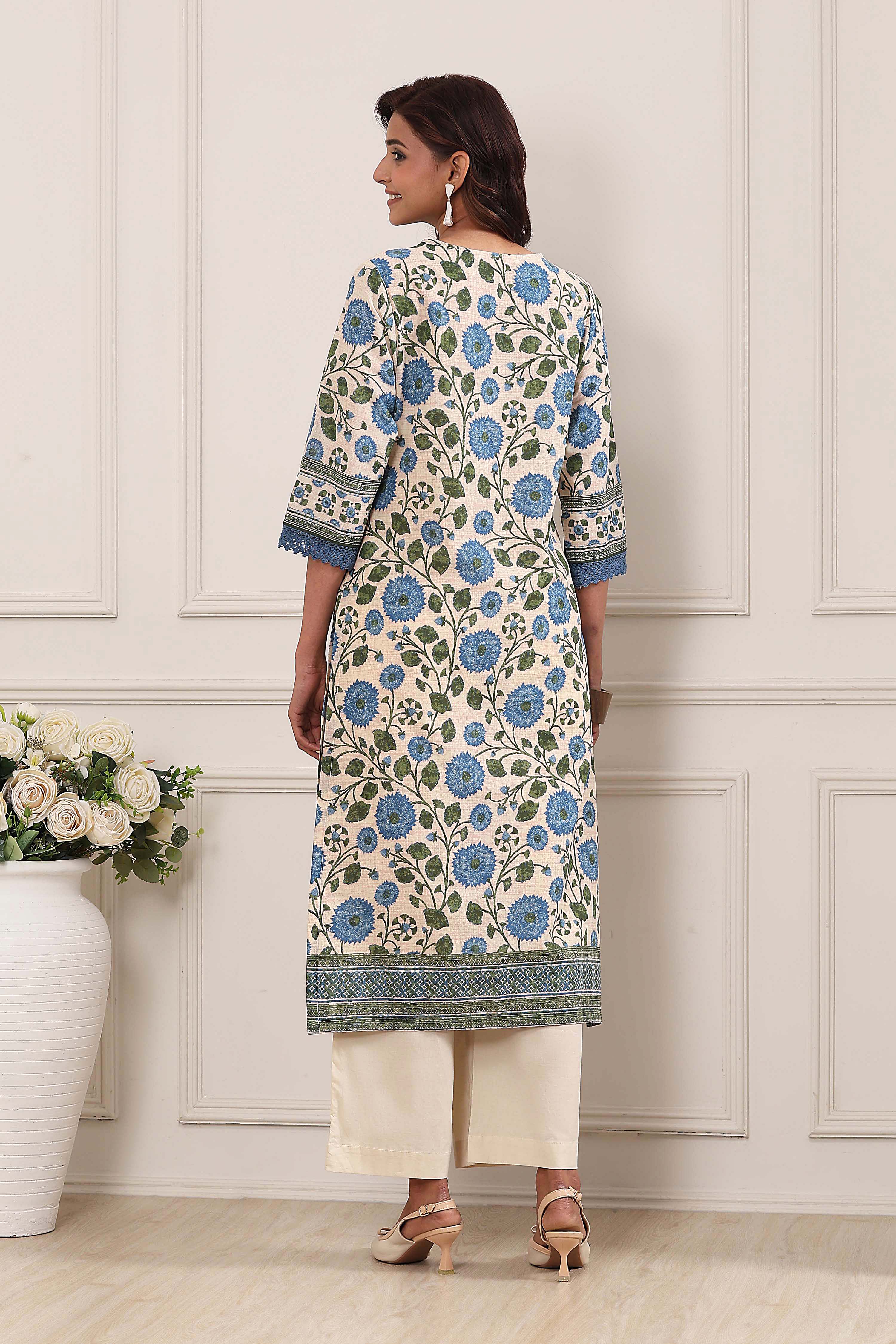 Blue Cotton Printed Straight Kurta image number 3