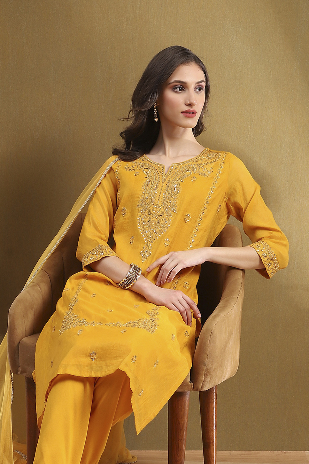 Yellow Embroidered Festive Straight Suit Set image number 7