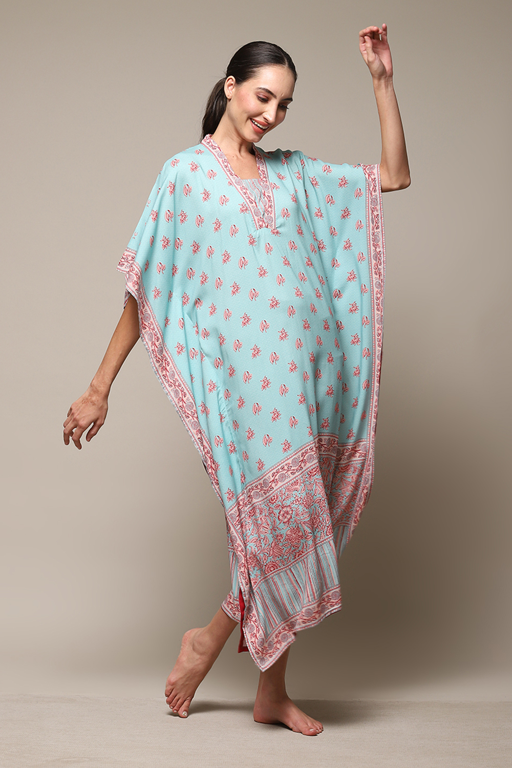 Orange Rayon Printed Kaftan image number 0