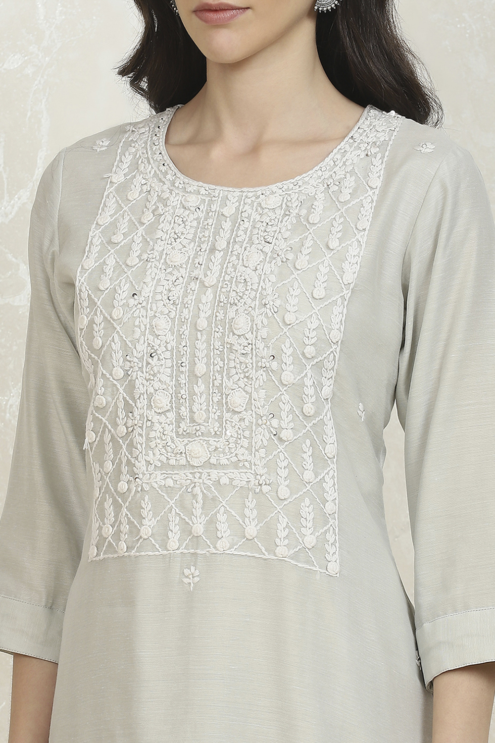 Grey Chanderi Machine Embroidered Unstitched Suit Set image number 2