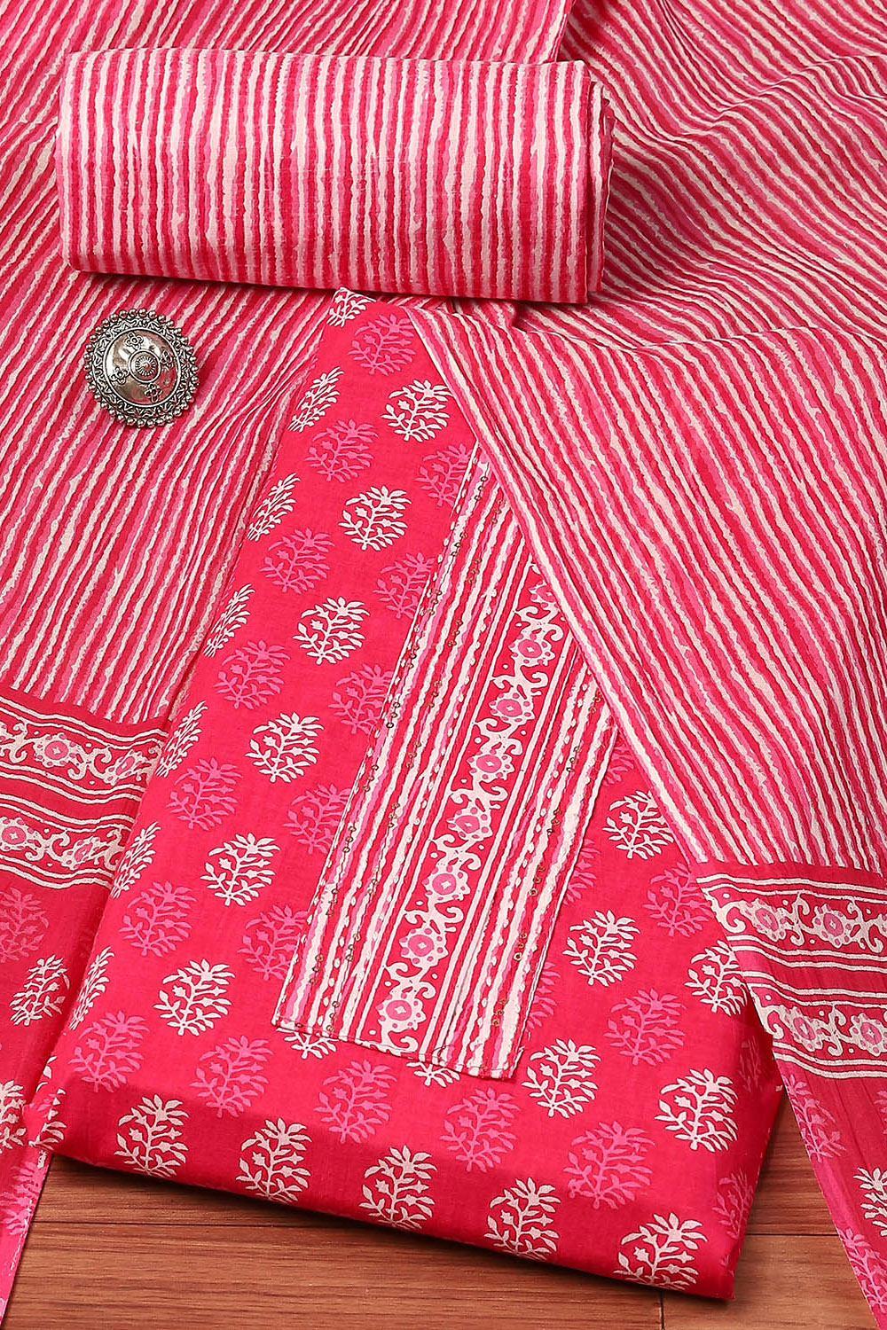 Pink Cotton Hand Embroidered Unstitched Suit Set image number 0