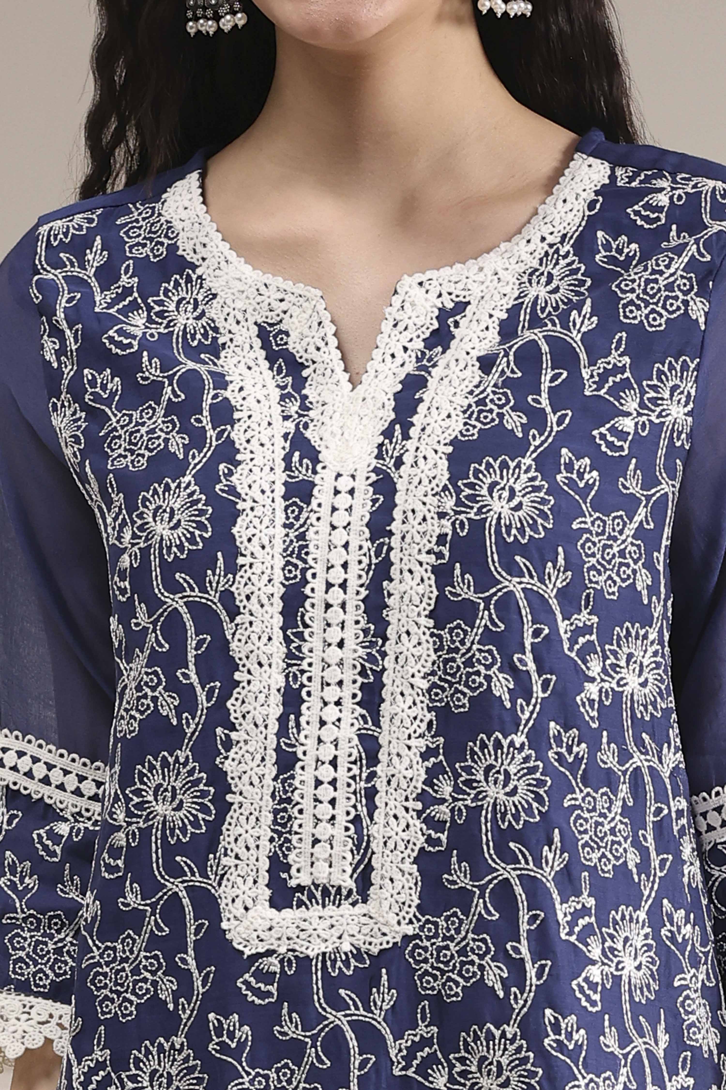 Blue Chanderi Embroidered Straight Suit Set image number 1