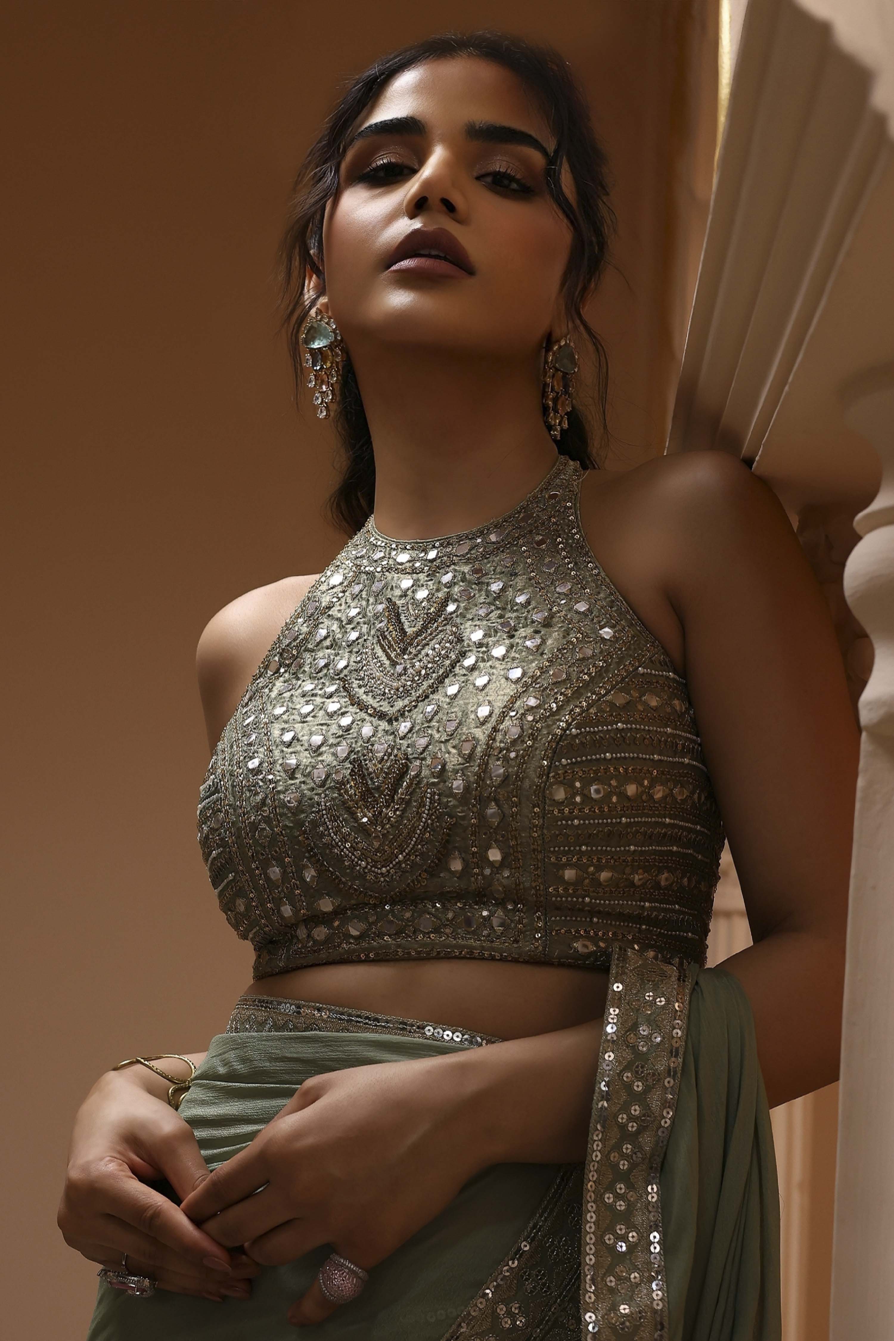 Sage Green Pure Chinnon Pre-Draped Saree image number 5