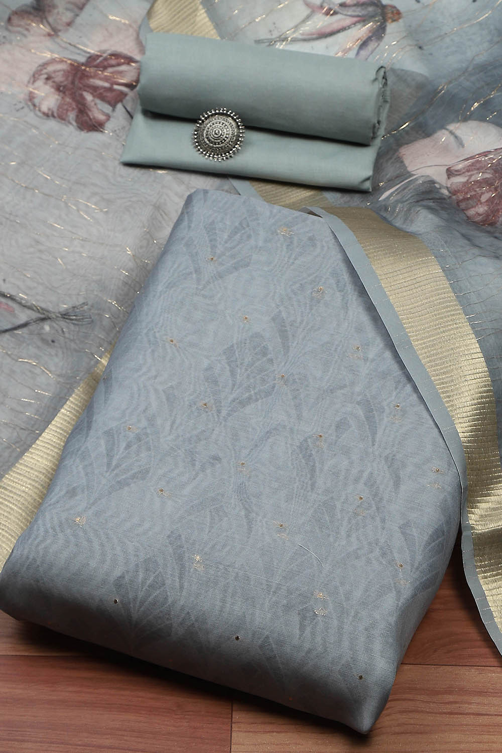 Mint Green Chanderi Double Dupatta Unstitched Suit Set image number 0