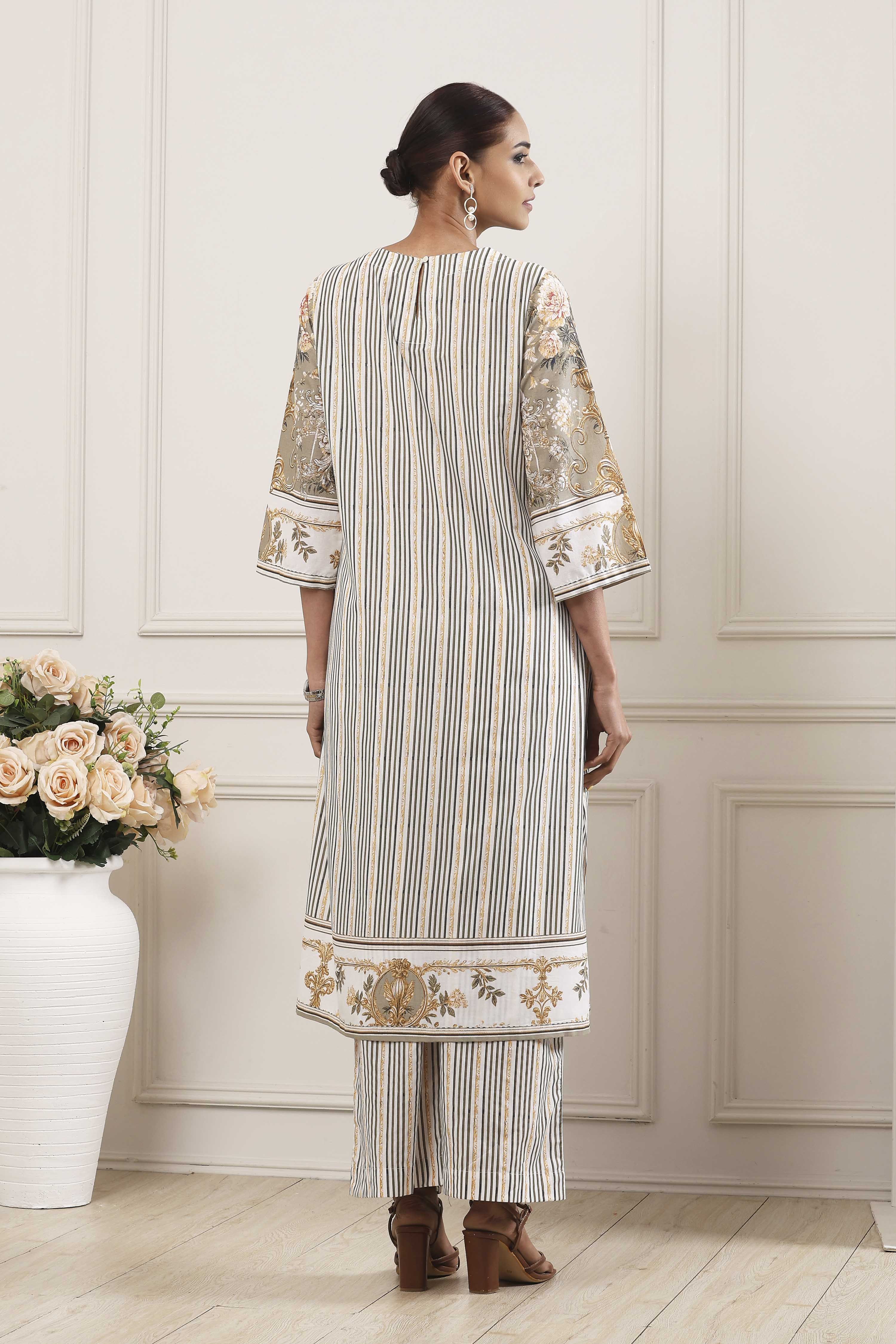 Turquoise Cotton Floral Printed Straight Suit Set image number 4