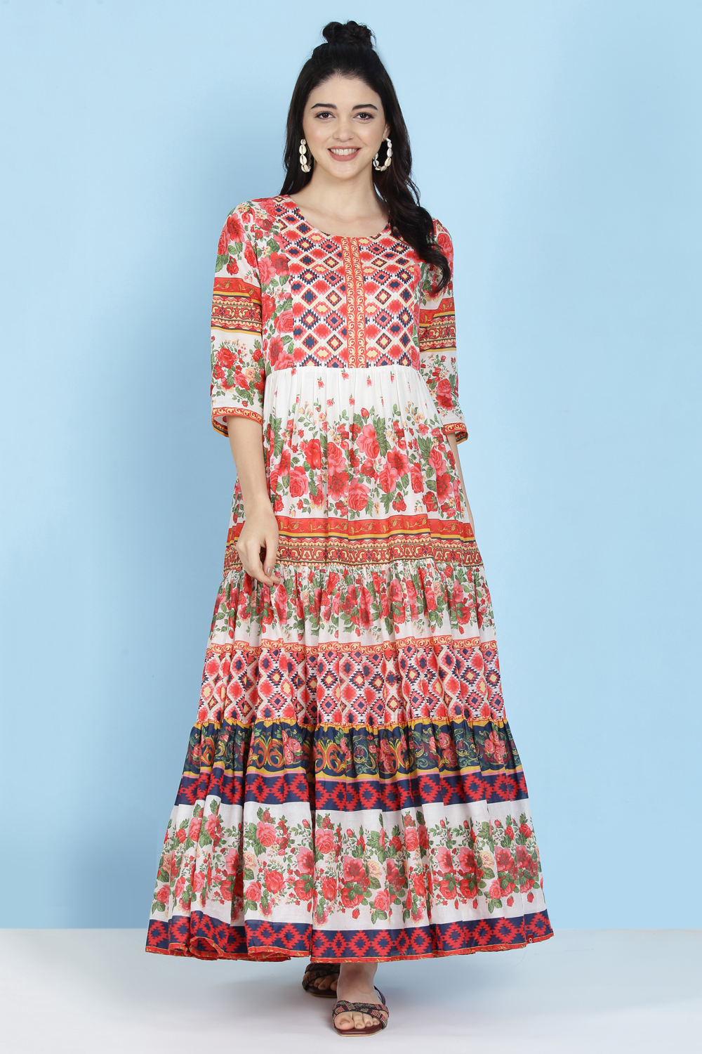 Off White Cotton Tiered Dress image number 0