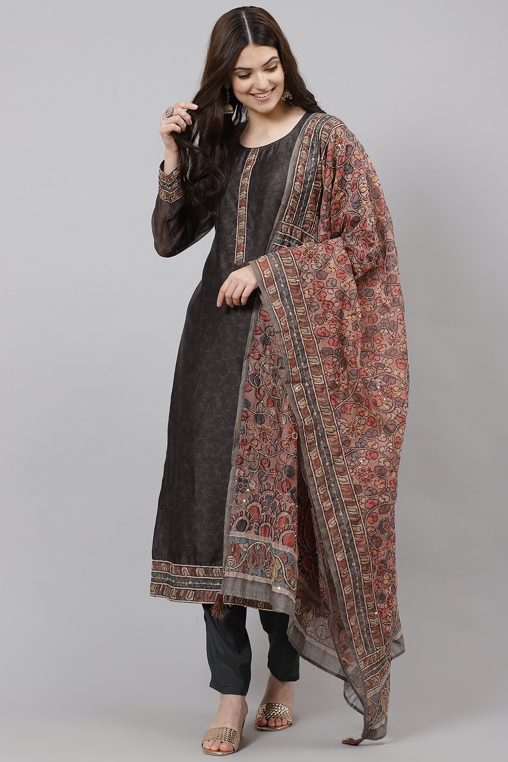 Beige Chanderi Woven Unstitched Suit Set image number 4