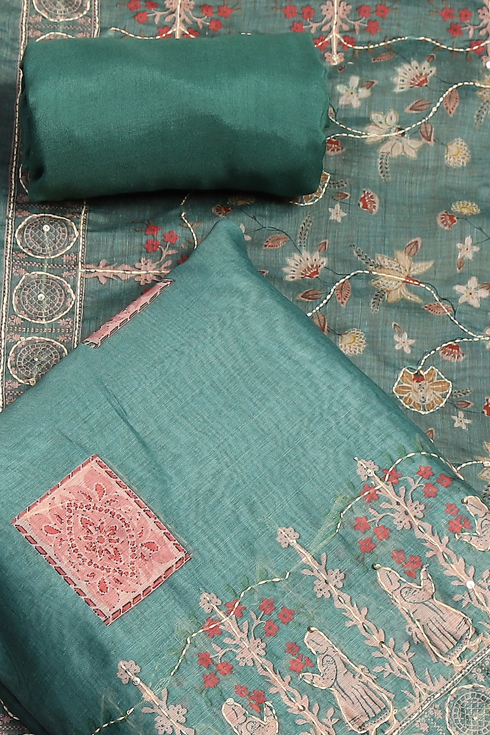 Green Chanderi Hand Embroidered Unstitched Suit Set image number 1