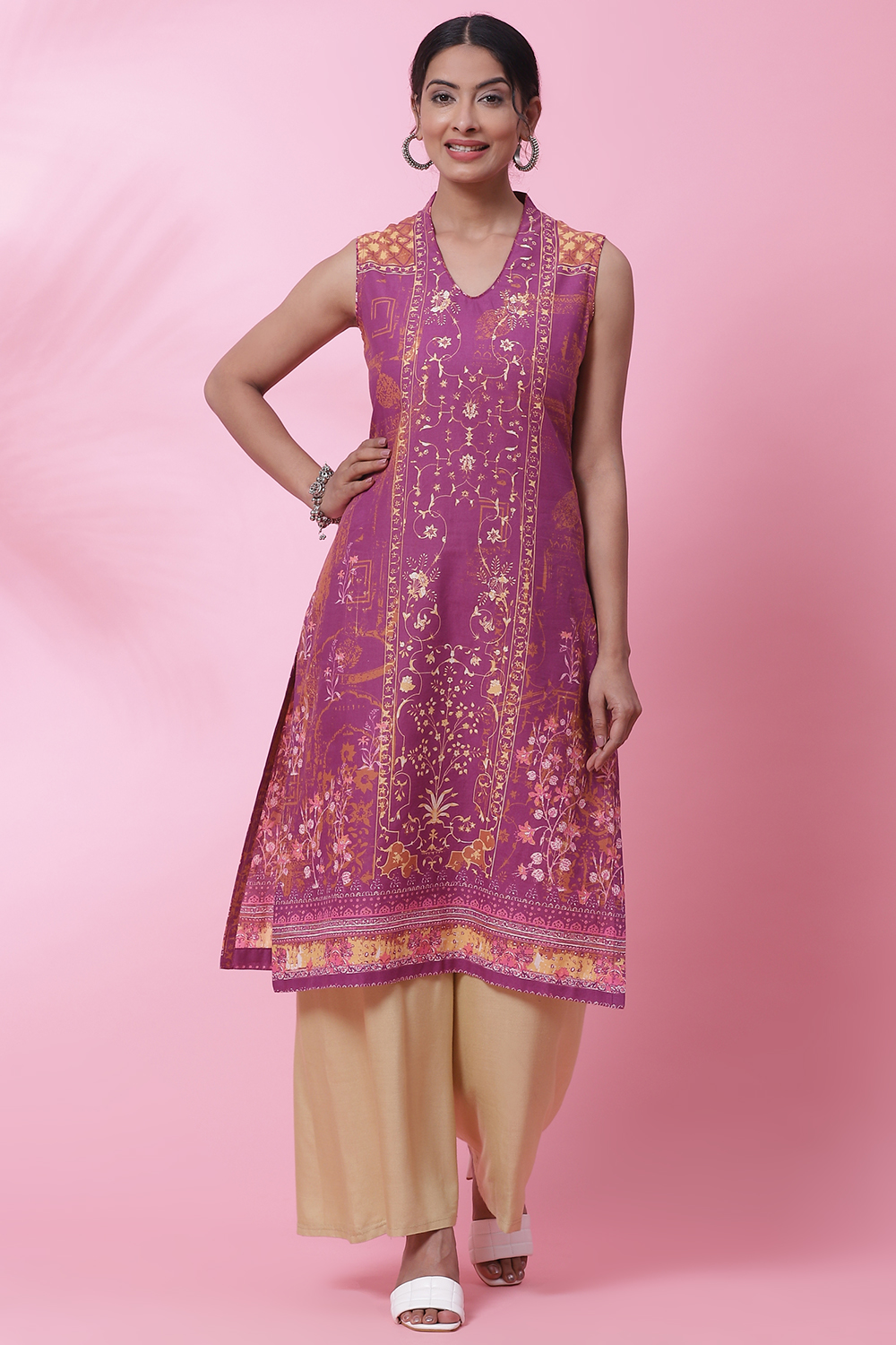 Purple Cotton Straight Printed Kurta image number 0