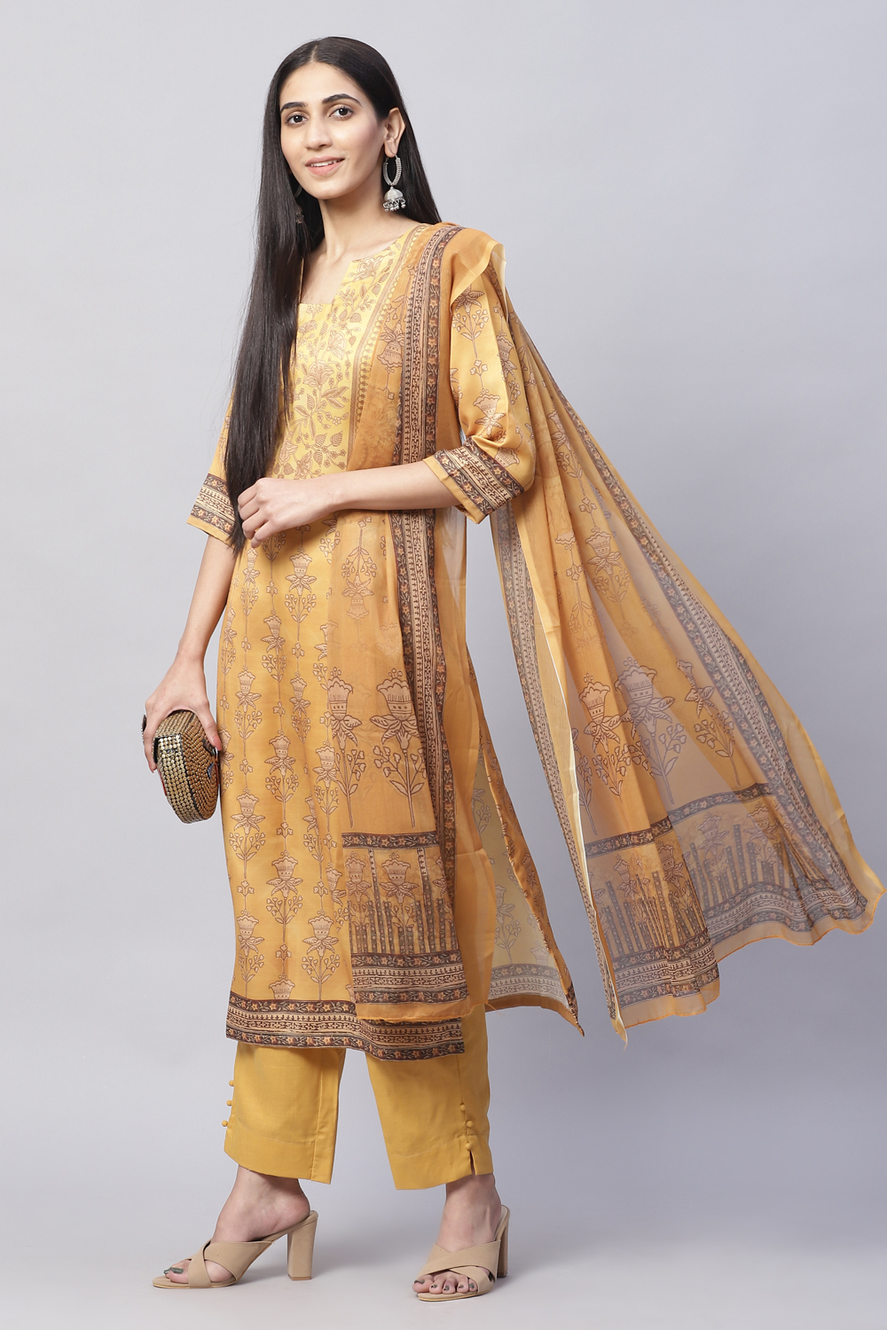 Navy Silk Blend Digital Print Unstitched Suit Set image number 7