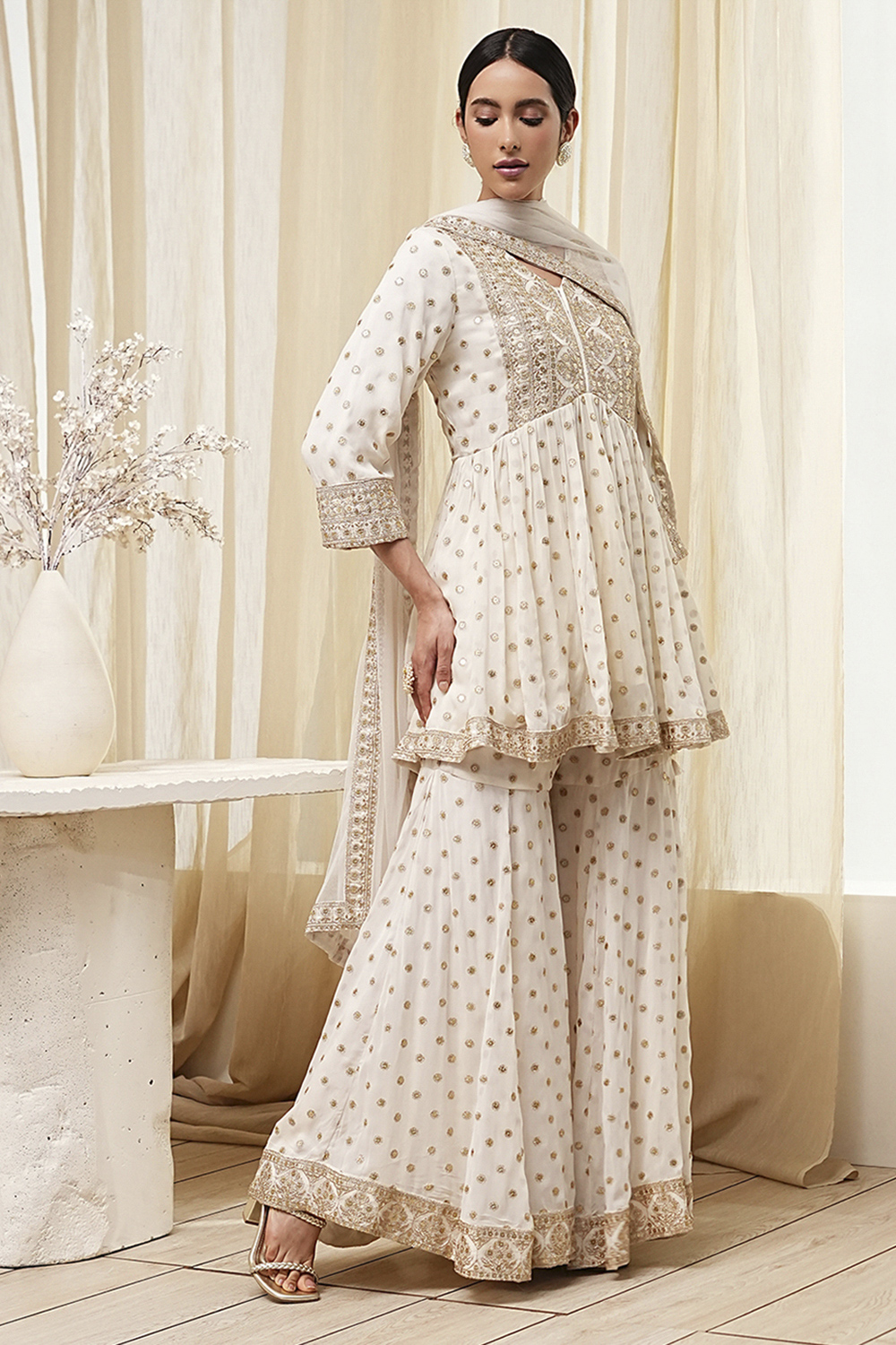 Ivory Georgette Embroidered Peplum Suit Set image number 4
