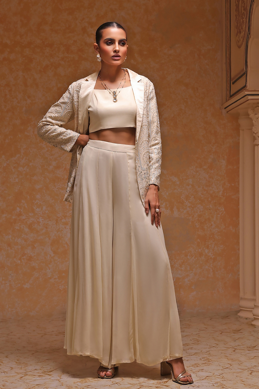 Ivory Poly Georgette Embroidered Fusion Set image number 0