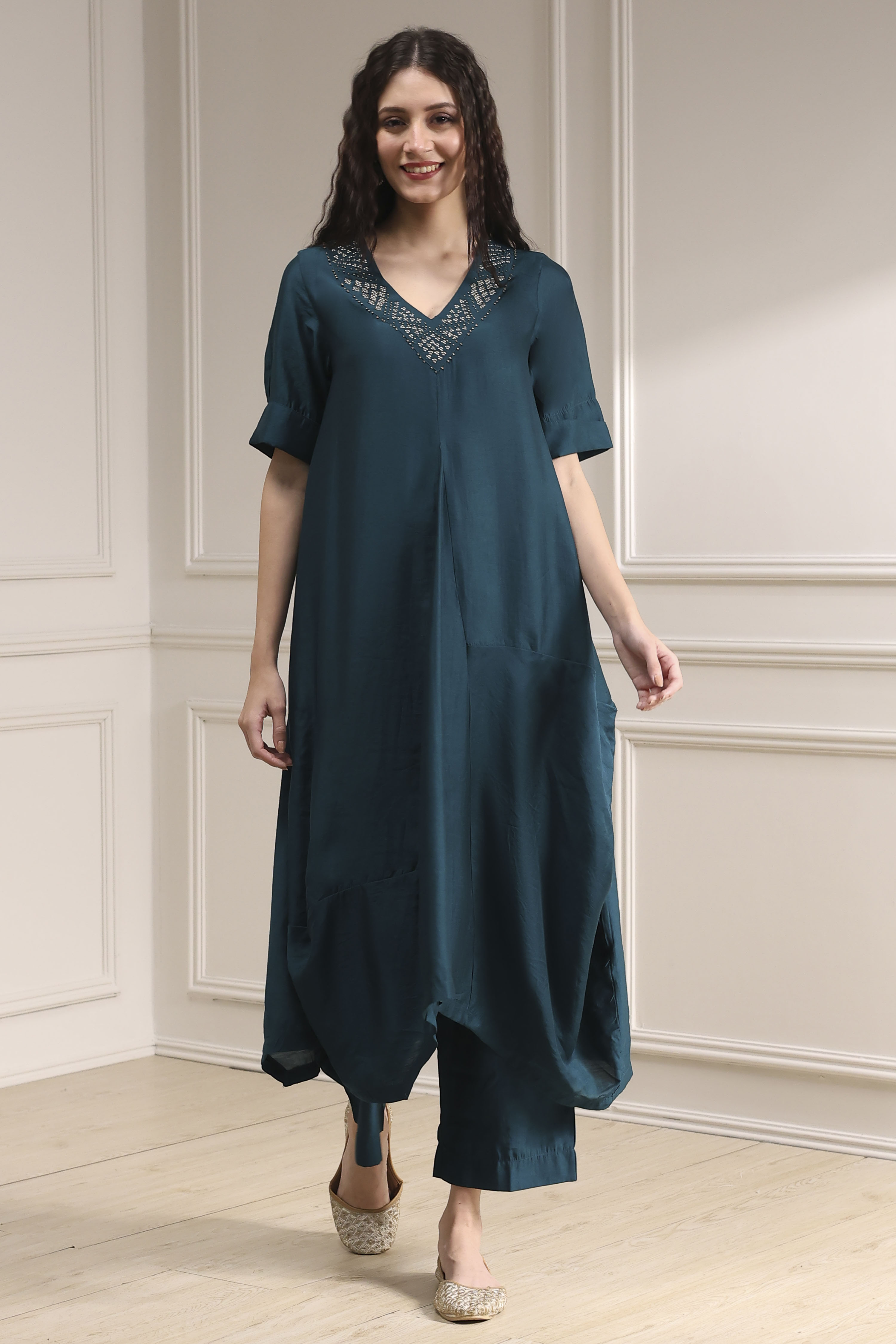 Burnt Orange Dyed Asymmetric Kurta Set image number 6