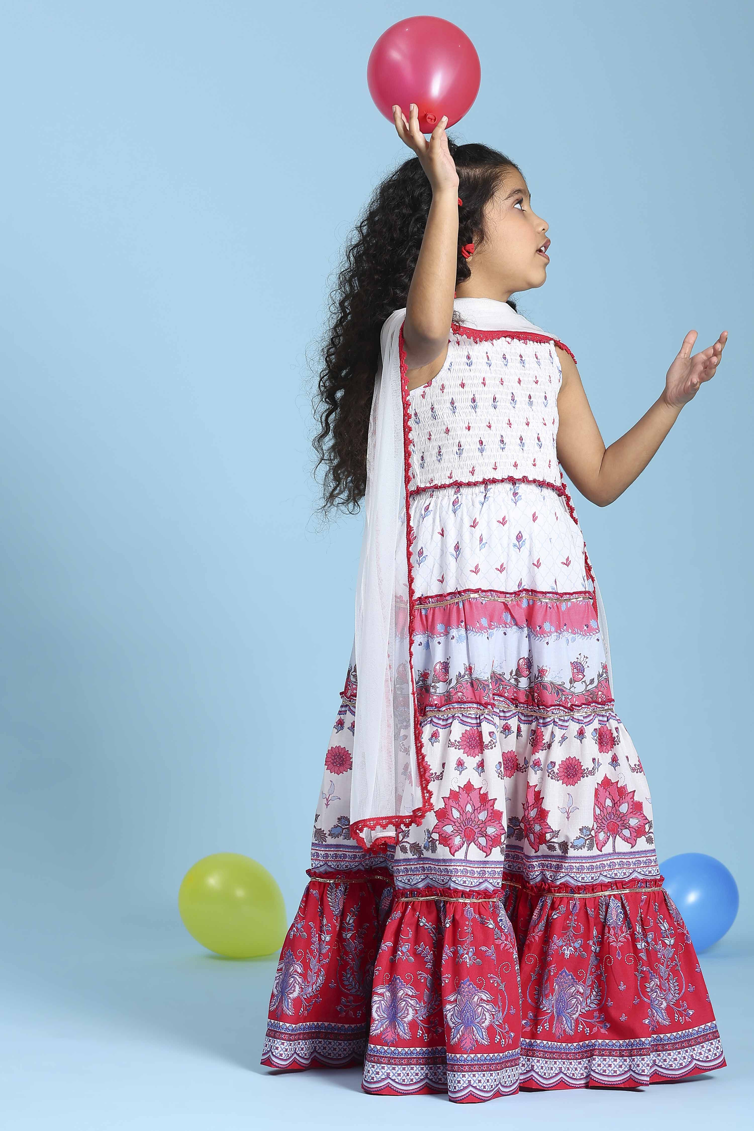 White Cotton Printed Tiered Lehenga Set image number 6