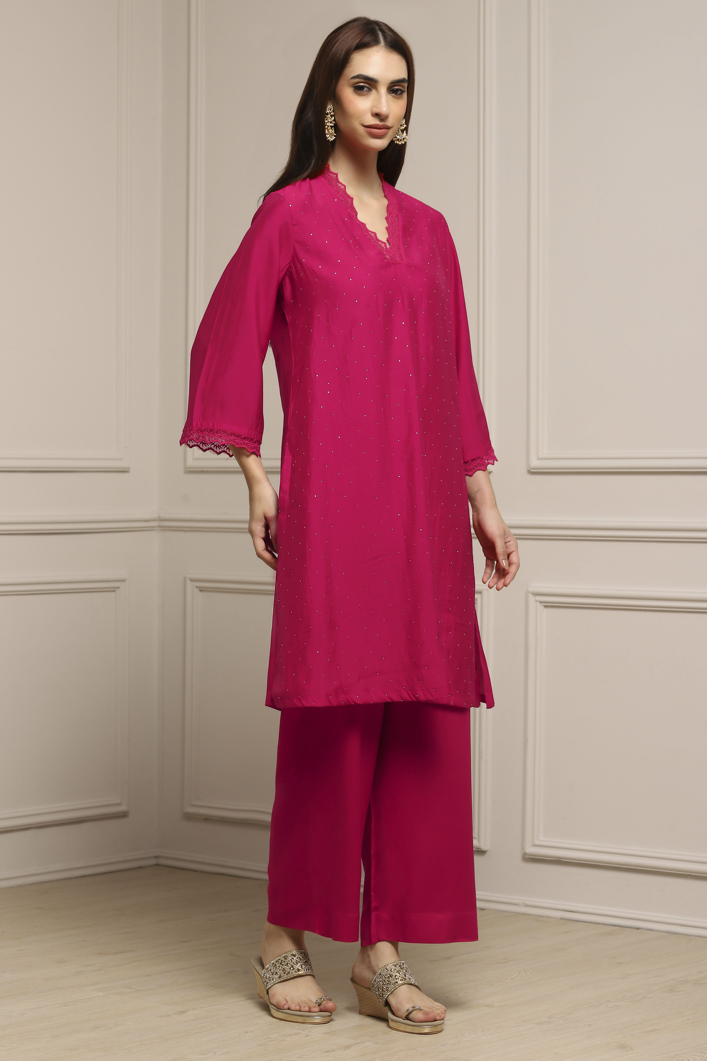 Red Viscose Blend Straight Kurta Set image number 4