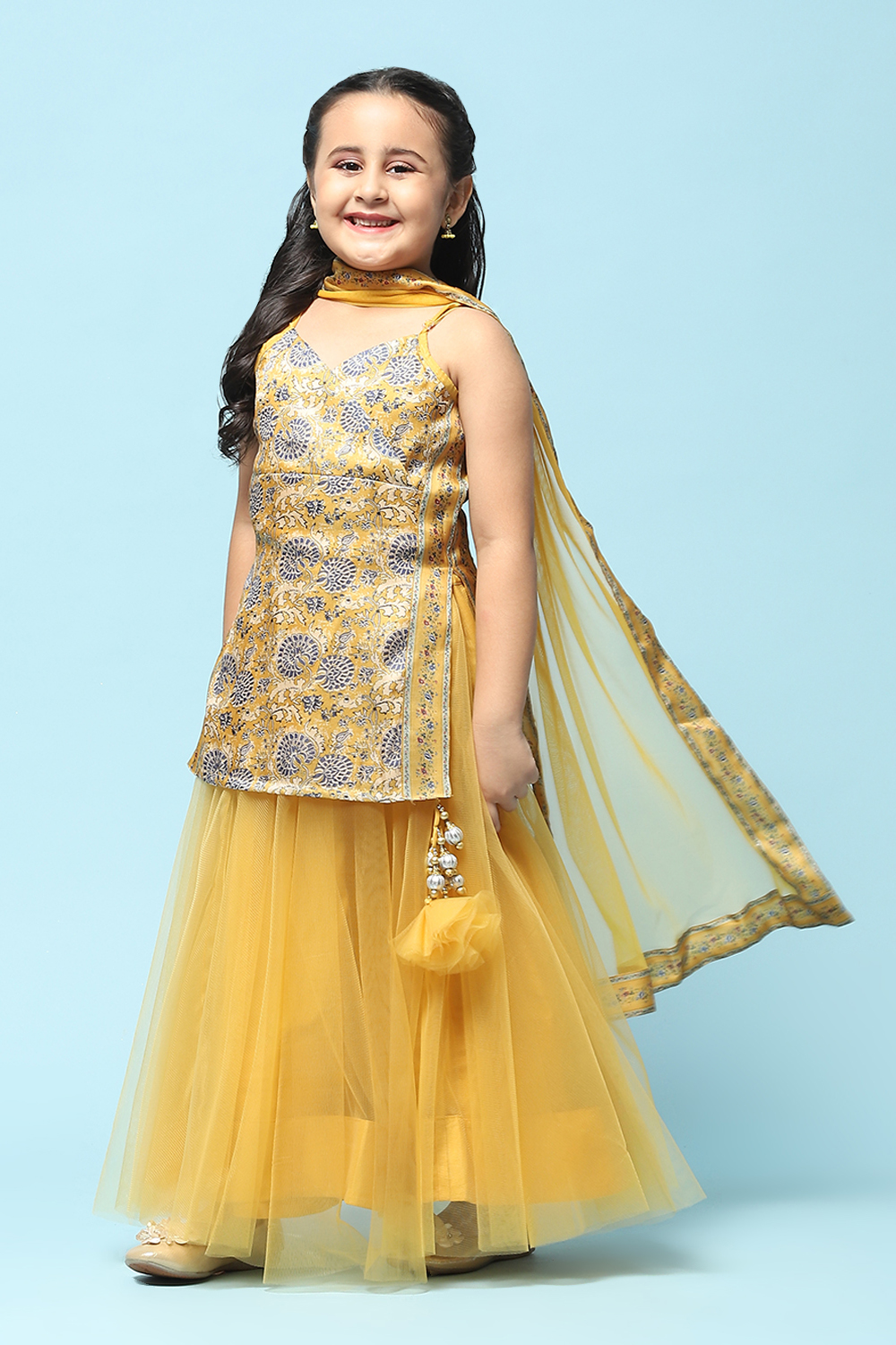 Yellow Poly Viscose Straight Printed Suit Set image number 4