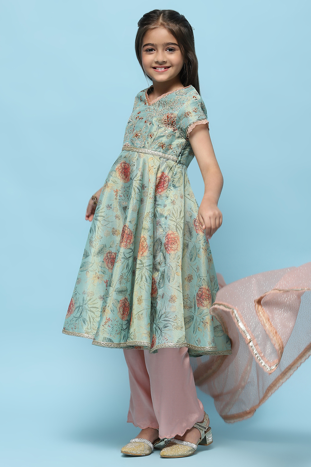  Green Cotton Tissue Anarkali With Palazzo & Net Dupatta image number 0