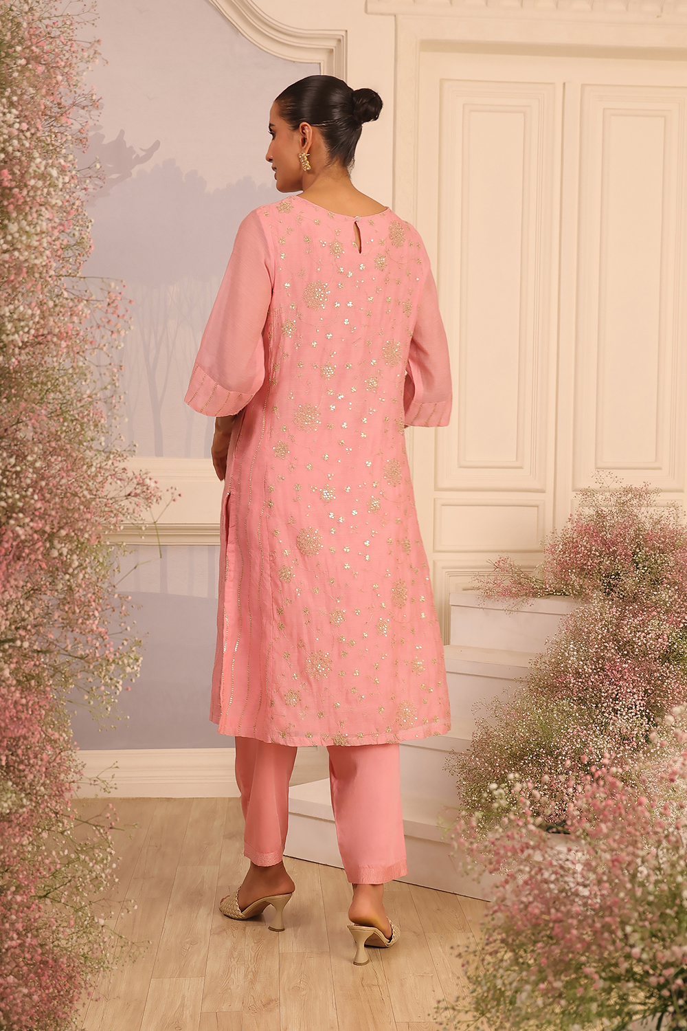 Pink Silk Embroidered Straight Suit Set image number 3