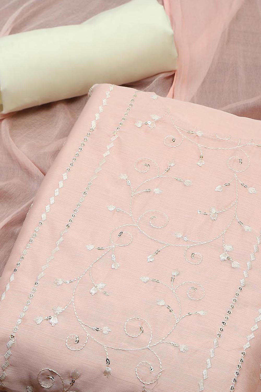 Peach Modal Satin Machine Embroidered Unstitched Suit Set image number 1