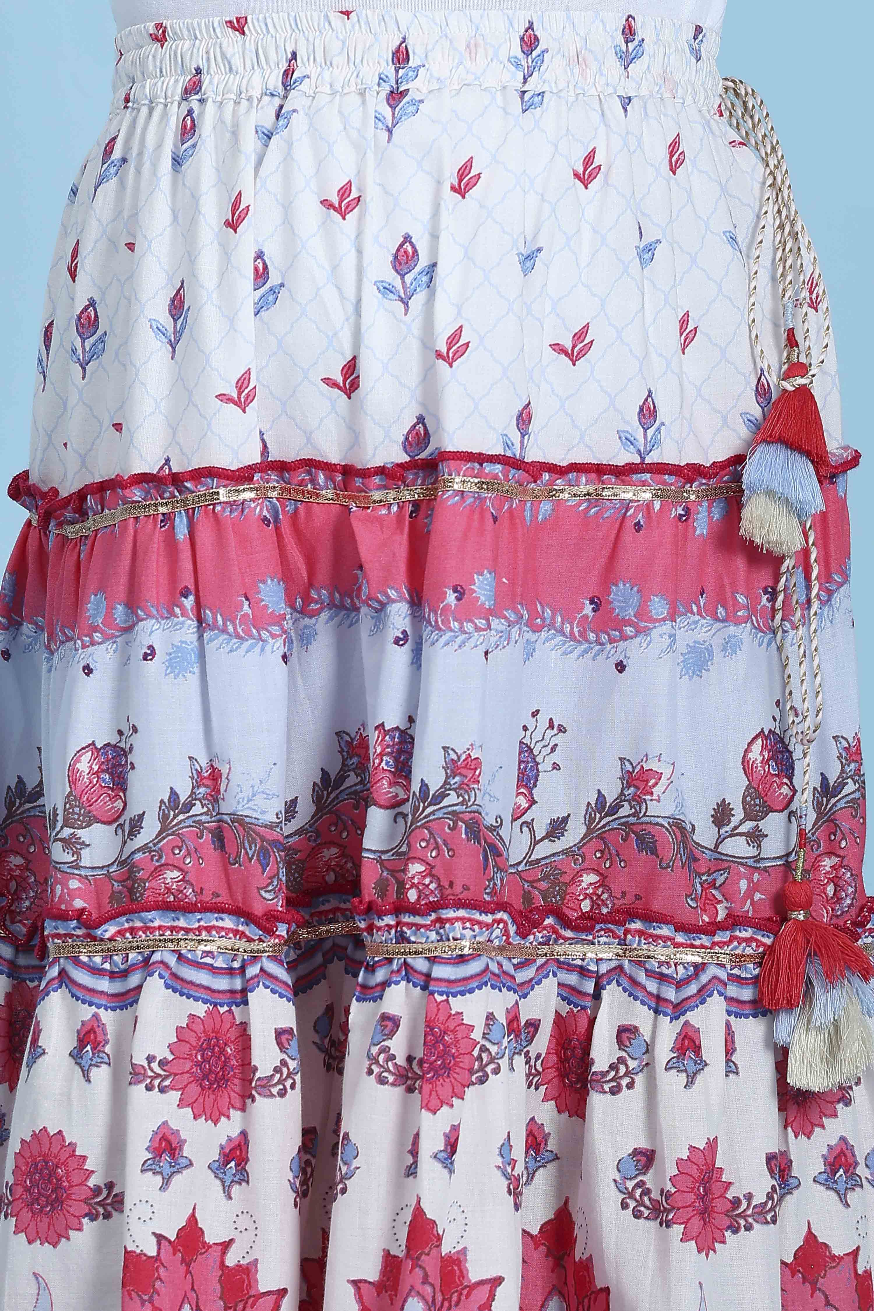 White Cotton Printed Tiered Lehenga Set image number 2