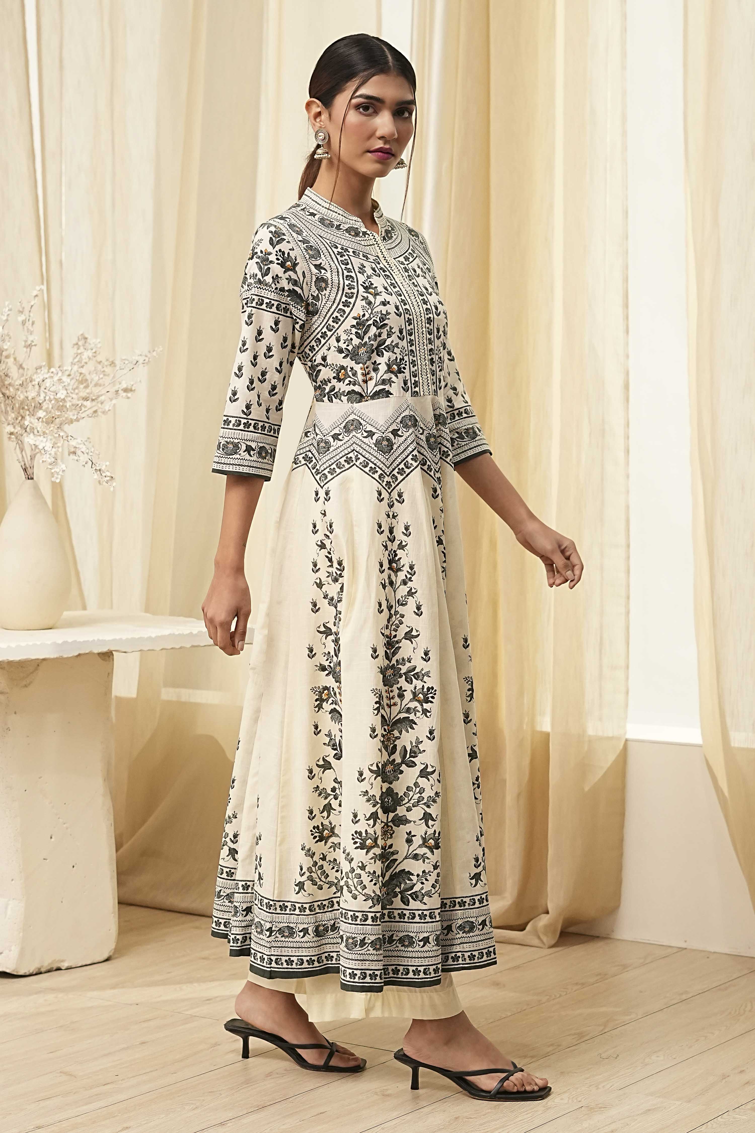 White and Black Cotton Printed Anarkali Kurta Set image number 5