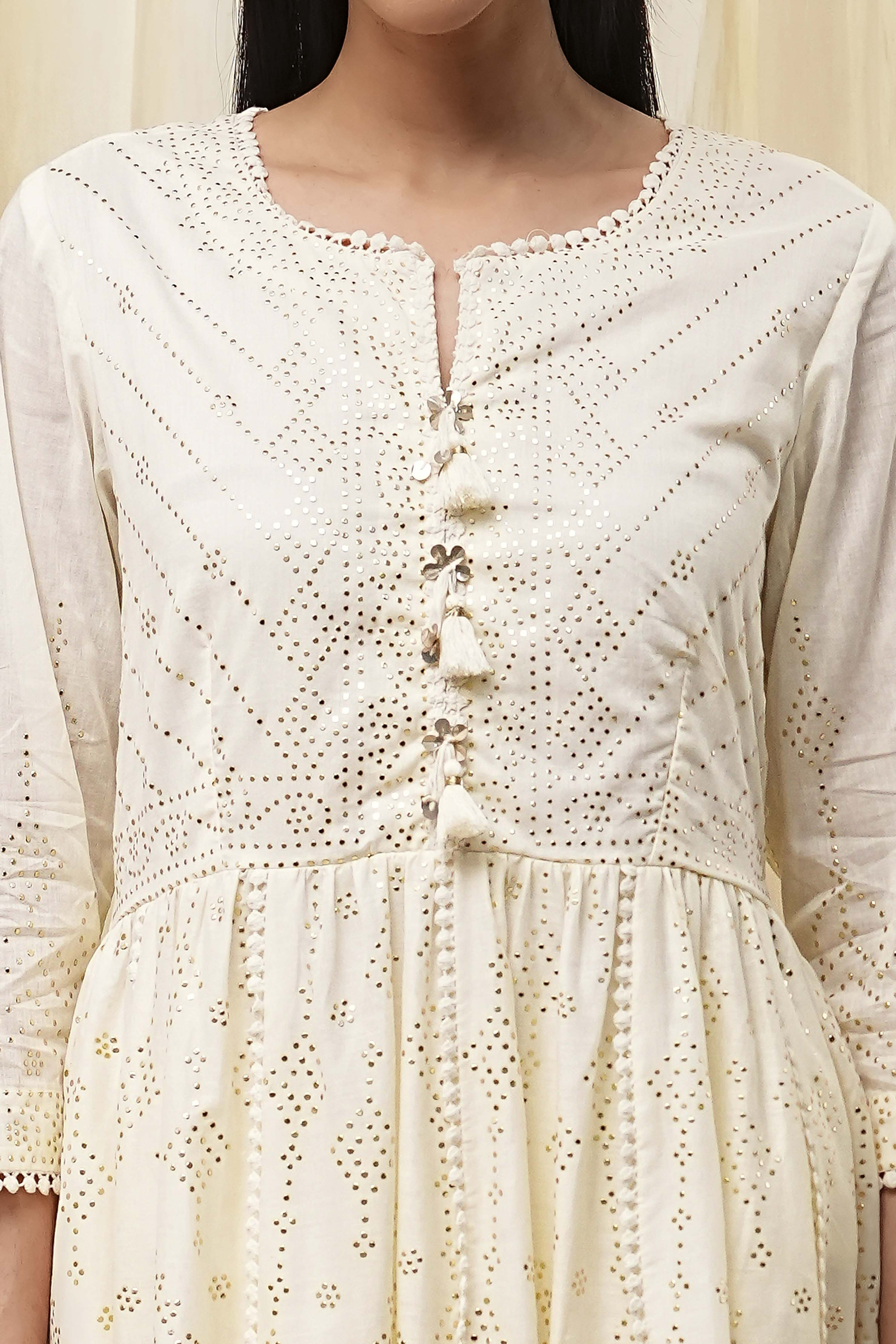 Off-White Cotton Metallic Flared Suit Set image number 1